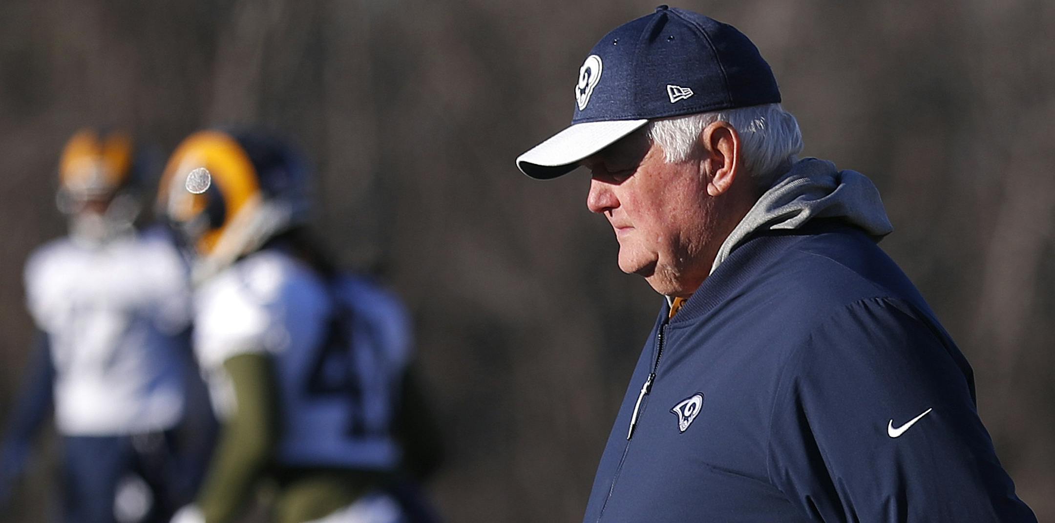 Los Angeles Rams defensive coordinator Wade Phillips watches during practice for the NFL Super Bowl 53 football game against the New England Patriots, Thursday, Jan. 31, 2019, in Flowery Branch, Ga. The 71-year-old mastermind defensive coordinator with the millennial boss is quoting Drake and Future, pretending to be good at Fortnite, and altogether making the most of his second Super Bowl in four years after going just once his first four NFL decades. (AP Photo/John Bazemore)