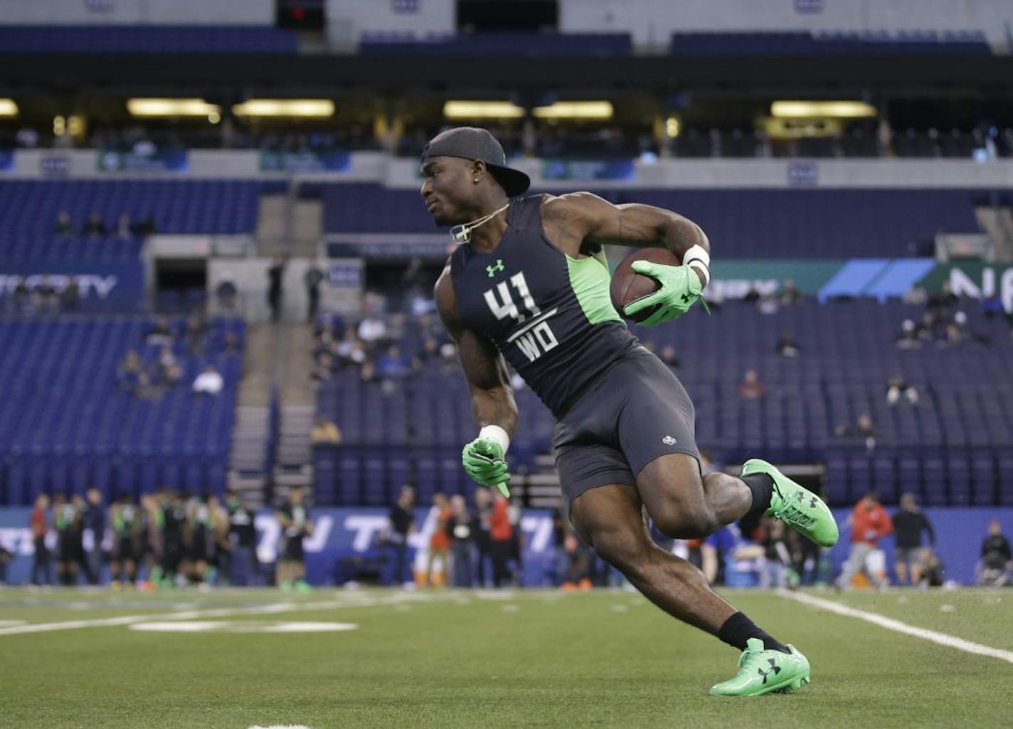 Mississippi receiver Laquon Treadwell runs a drill at the NFL football scouting combine on Saturday, Feb. 27, 2016, in Indianapolis.