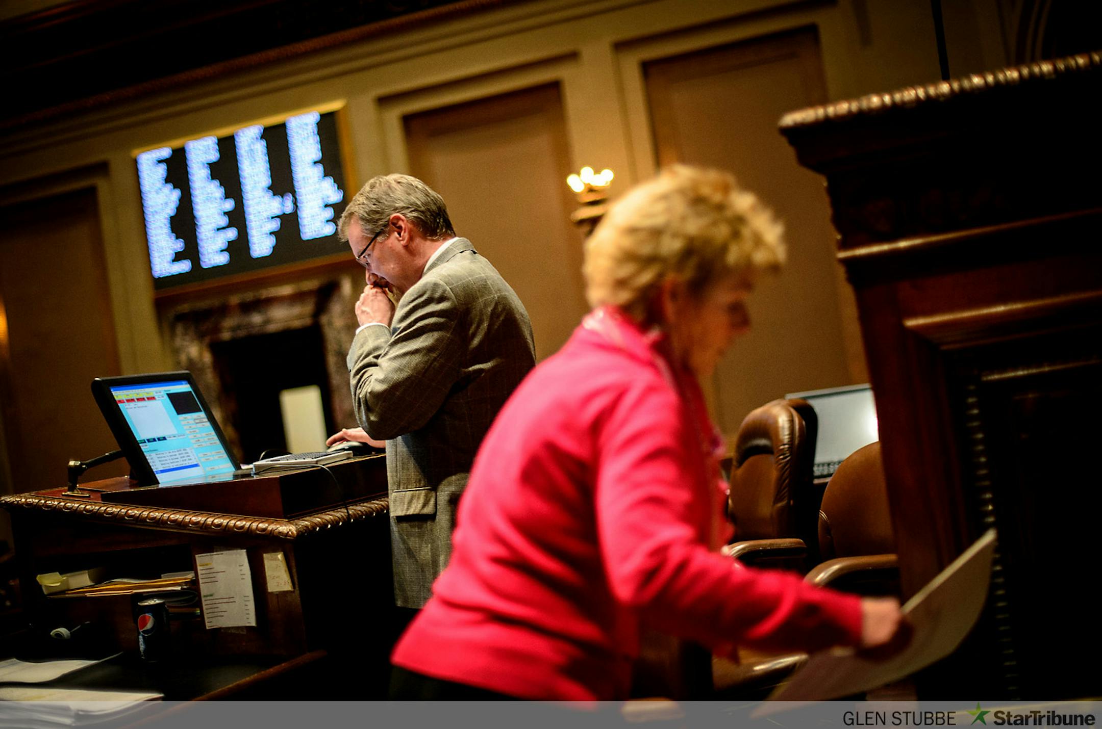 Two hundred forty six bills will be introduced into the State Senate Tuesday and Assistant Senate Secretaries Michael Linn and Colleen Pacheco wanted to make sure that process ran smoothly Monday, February 24, 2014, hours before the State Legislature reconvened.   ]   GLEN STUBBE * gstubbe@startribune.com