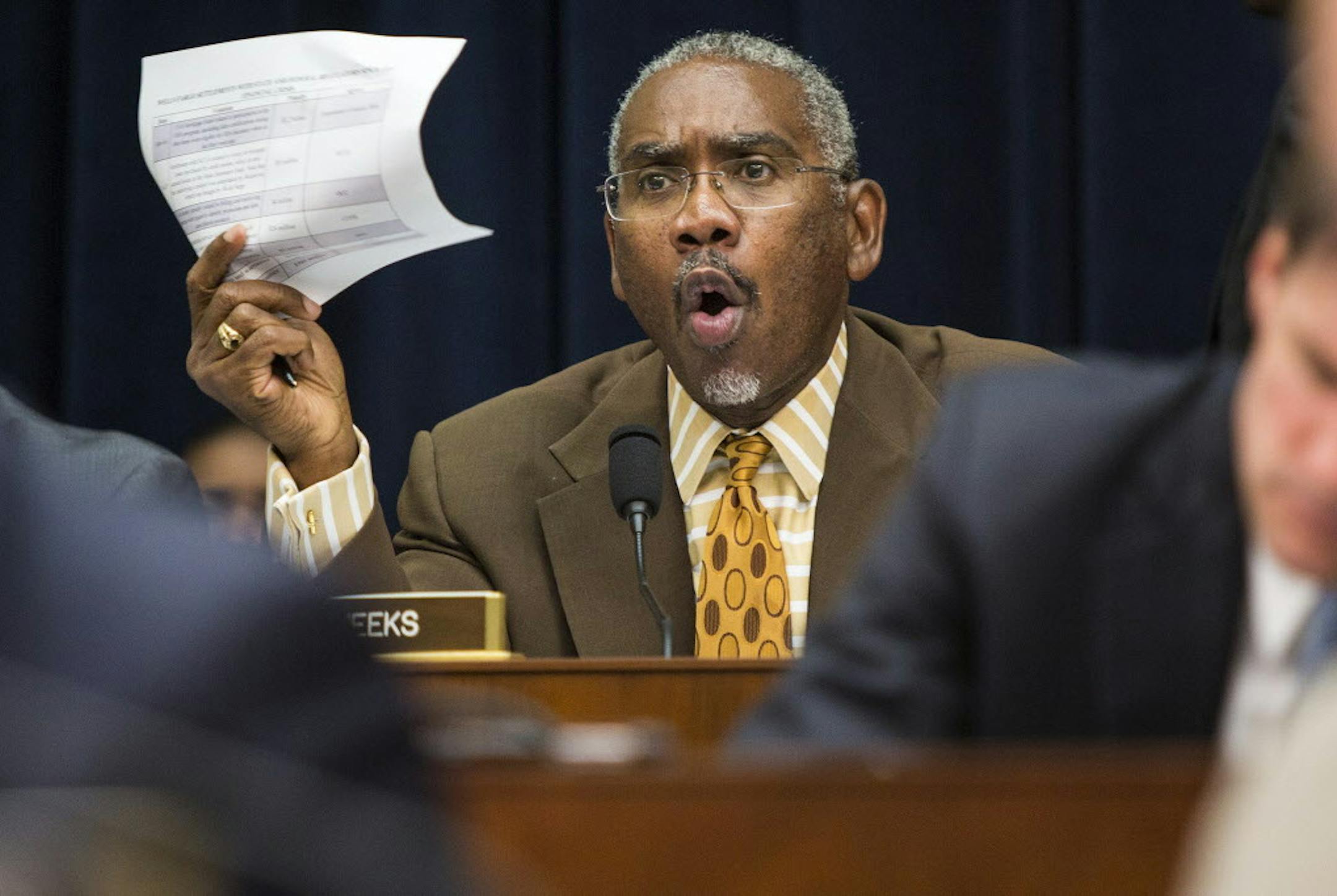 Rep. Gregory Meeks (D-N.Y.) questions John Stumpf, the chief executive of Wells Fargo, during a hearing of the House Financial Services Committee investigating Wells Fargo's opening of millions of unauthorized customer accounts, on Capitol Hill in Washington, Sept. 29, 2016. (Al Drago/The New York Times)