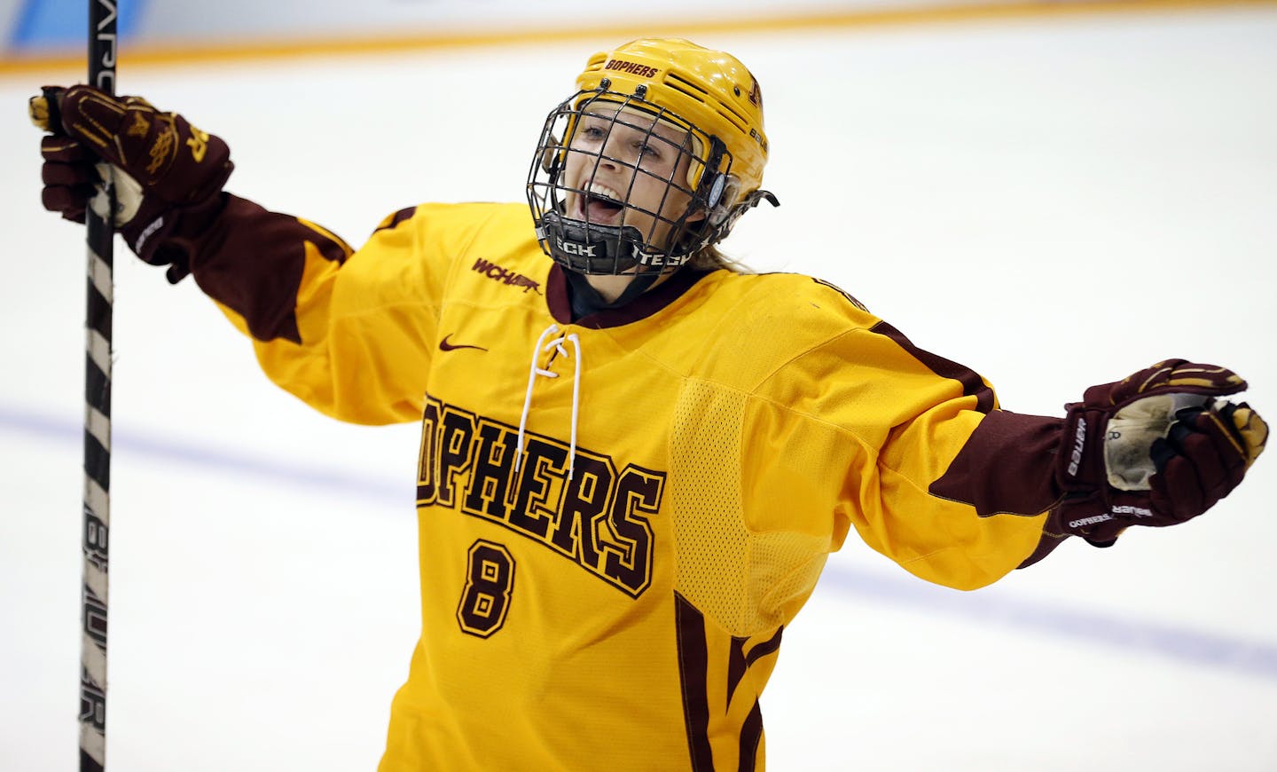 Amanda Kessel (8) celebrated after scoring a goal in the third period. Minnesota beat Boston University by a final score of 6-3 to win the NCCA National Championship. ] CARLOS GONZALEZ cgonzalez@startribune.com - March 24, 2013, Minneapolis, Minn., Ridder Arena, NCCA Women&#x2019;s Hockey Championship, Frozen Four, University of Minnesota vs. Boston University Terriers ORG XMIT: MIN1303241747400173