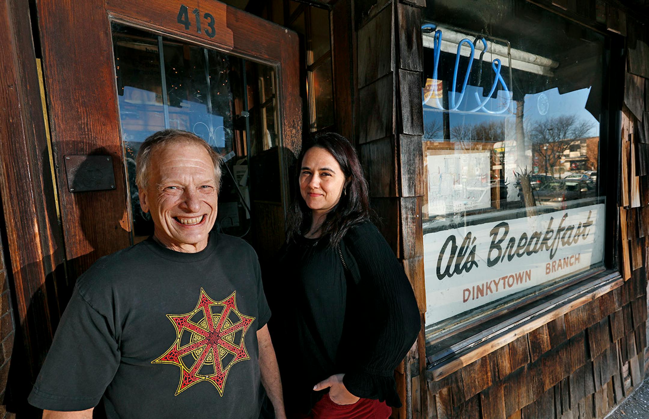 A changing of the guard at the institution, Al's Breakfast. Doug Grina, one of the original owners and Alison Kirwin, his new partner, at the tiny 14-seat restaurant. Some of the food they are famous for are dishes like the, blueberry/walnut pancakes, bacon waffle, and the "Jose."