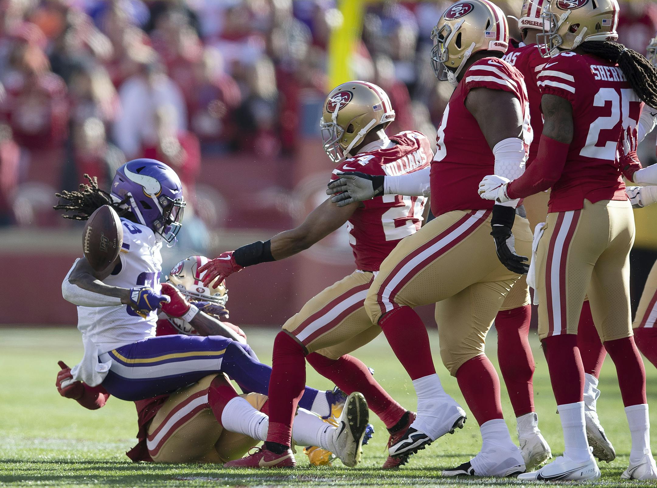 Minnesota Vikings running back Dalvin Cook (33) was tacked for no gain in the first quarter by San Francisco 49ers linebacker Dre Greenlaw (57) .] Jerry Holt &#x2022; Jerry.Holt@startribune.com The Minnesota Vikings played the San Francisco 49ers in the NFC divisional playoff NFL football game Saturday, January 11, 2020 at Levi's Stadium in Santa Clara,CA.