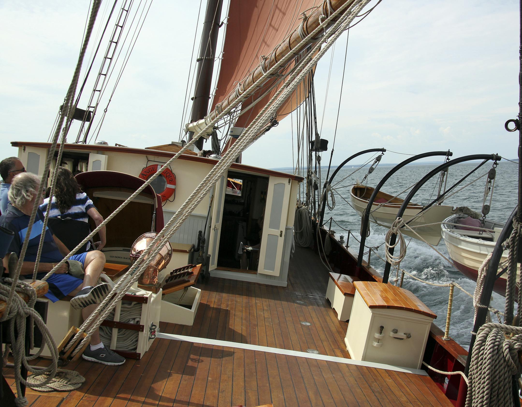 Angelique Under Full Sail -- The Angelique heels gently to starboard under full sail, making 10 knots.