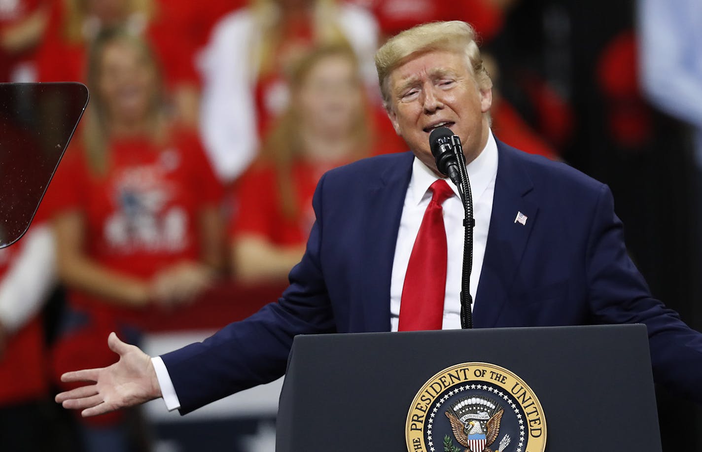 President Donald Trump addresses supporters during a campaign rally at the Target Center in Minneapolis on Thursday, Oct. 10, 2019. (Richard Tsong-Taatarii/Minneapolis Star Tribune/TNS) ORG XMIT: 1456889