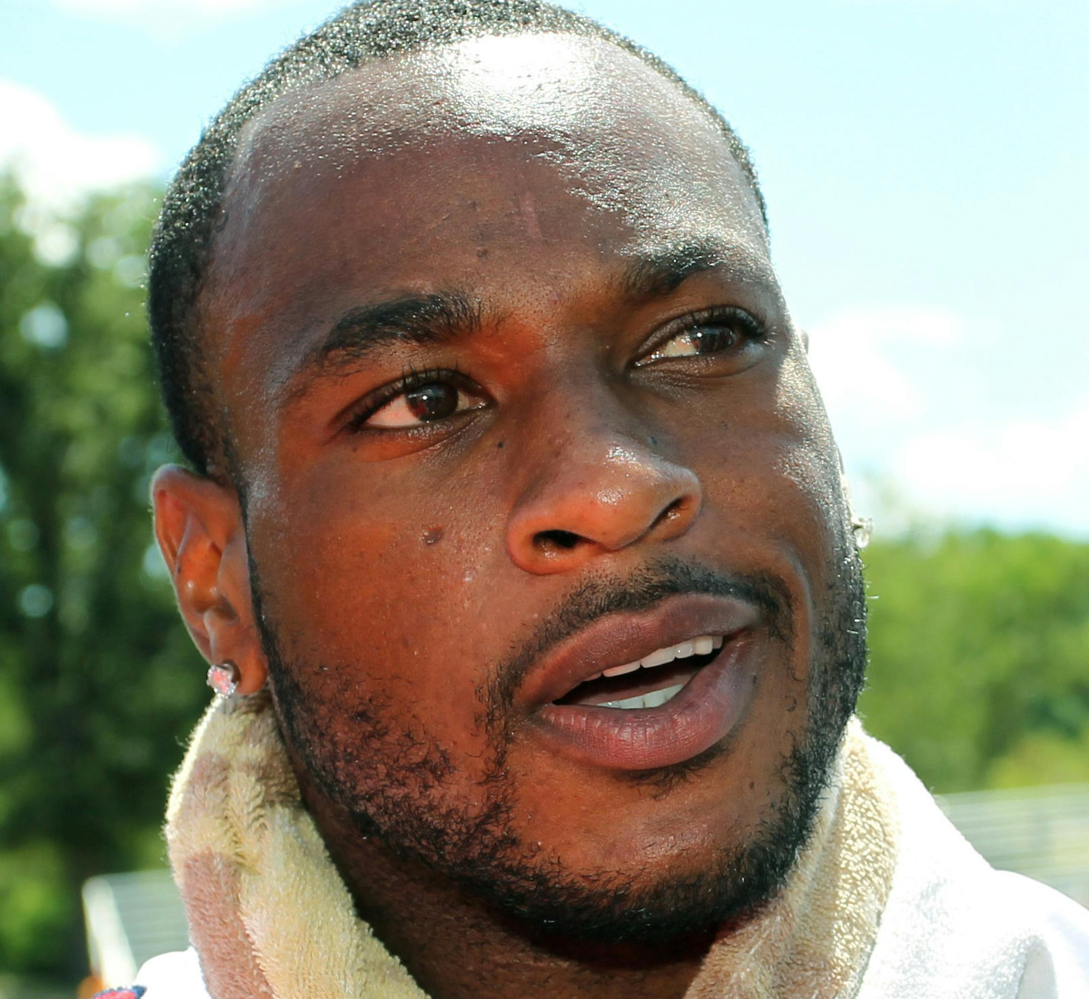 Buffalo Bills wide receiver Percy Harvin (18) speaks to the media during an NFL football training camp in Pittsford, N.Y., Saturday, Aug. 1, 2015. (AP Photo/Bill Wippert) ORG XMIT: NYBW106