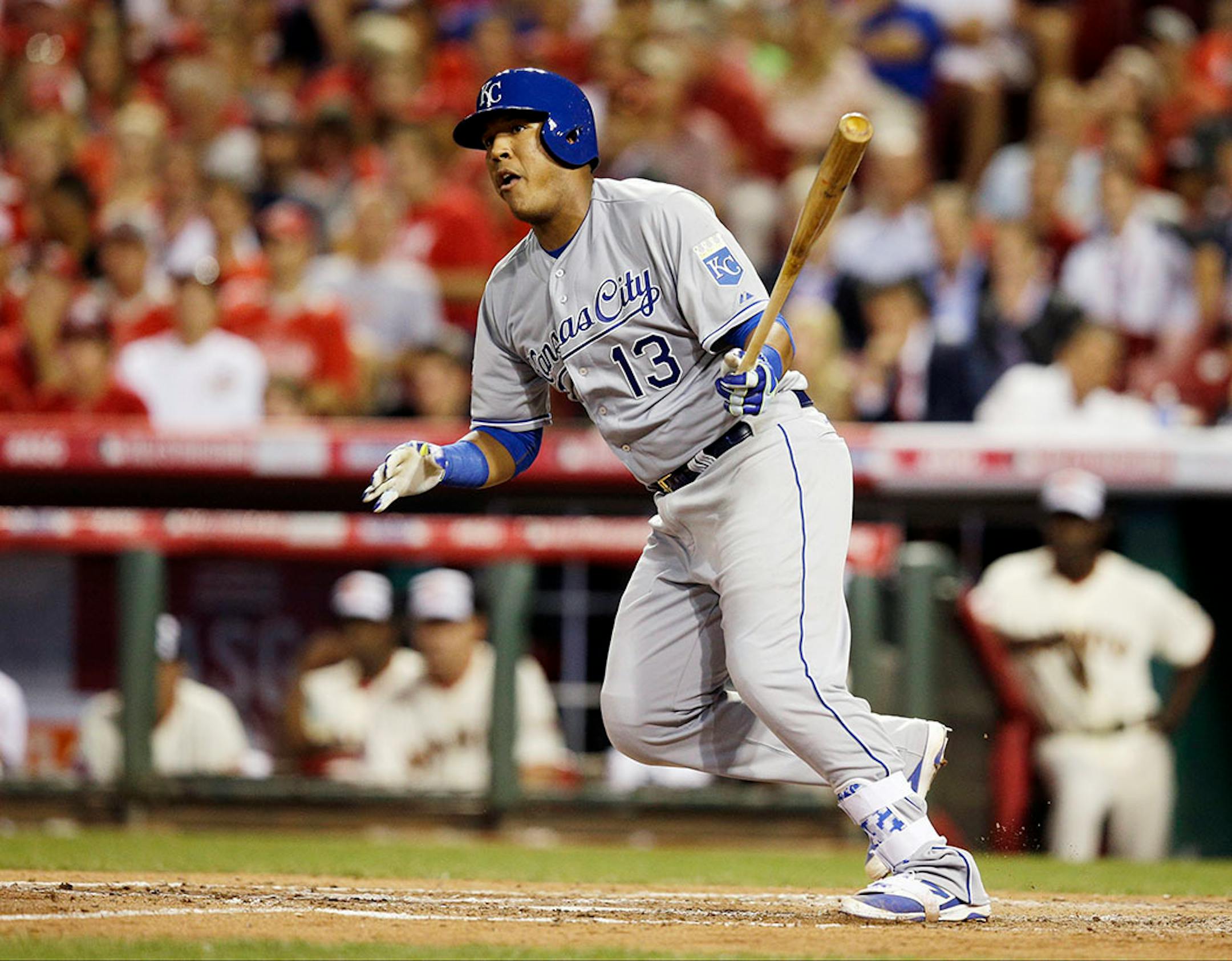 American League's Salvador Perez, of the Kansas City Royals, during the fourth inning of the MLB All-Star baseball game, Tuesday, July 14, 2015, in Cincinnati.
