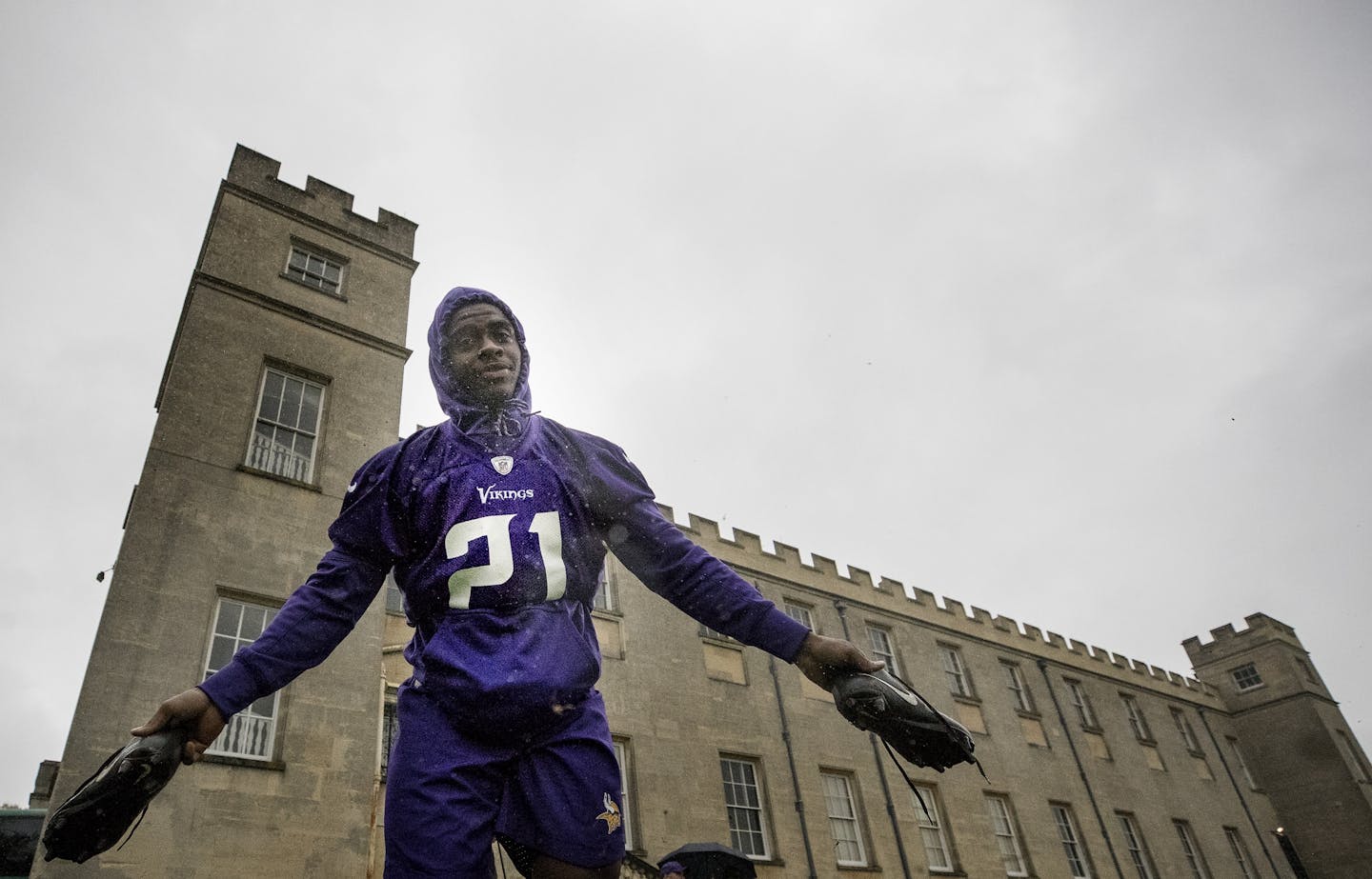 Minnesota Vikings running back Jerick McKinnon cleaned off his cleats field at the end of practice at Syon House outside of London in preparation for a game vs. the Cleveland Browns.