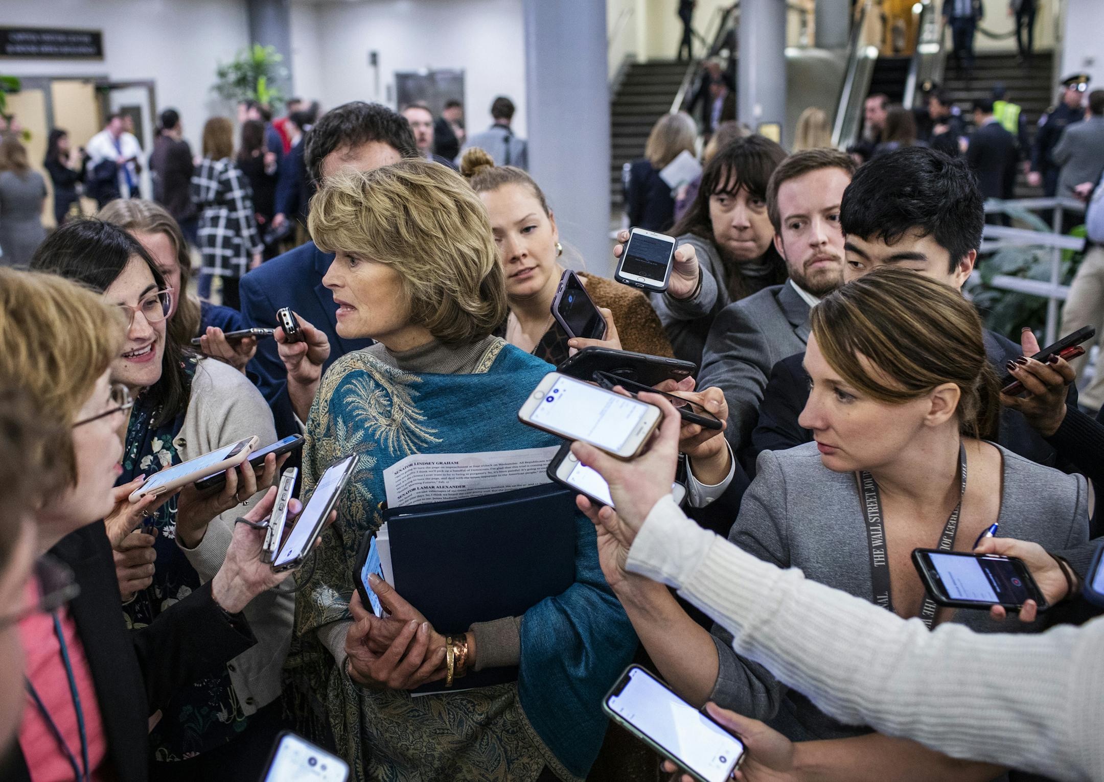 Sen. Lisa Murkowski (R-Alaska) speaks to reporters after closing arguments in the impeachment trial of President Donald Trump at the Capitol in Washington on Monday, Feb. 3, 2020. The Senate is expected to vote Wednesday afternoon to acquit President Trump in his impeachment trial. (Jason Andrew/The New York Times)