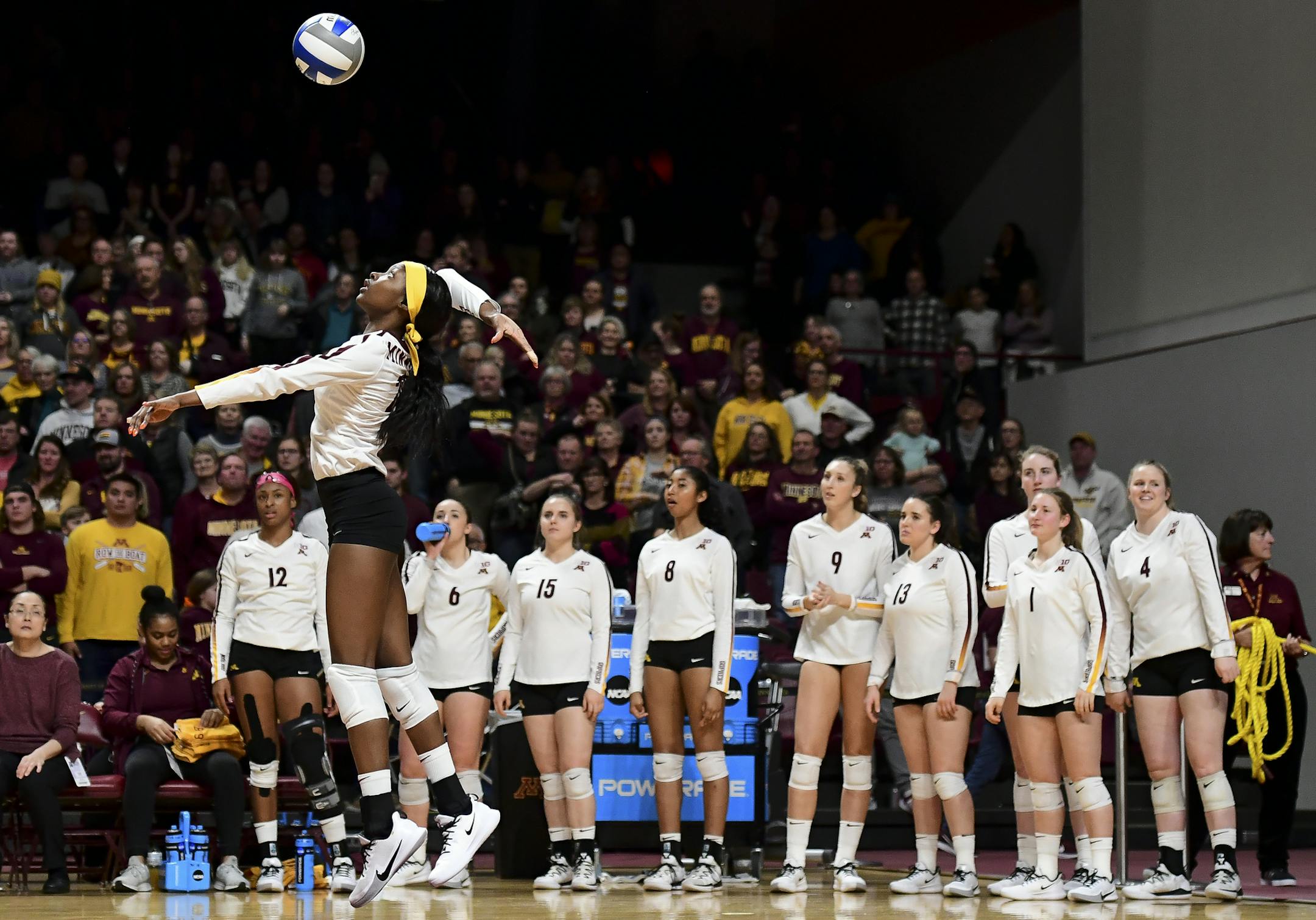 Minnesota Gophers outside hitter Adanna Rollins (20) served the ball against Fairfield in the third set. ] Aaron Lavinsky • aaron.lavinsky@startribune.com The Minnesota Gophers played the Fairfield University Stags in an NCAA Tournament first round volleyball game on Friday, Dec. 6, 2019 at Maturi Pavilion in Minneapolis, Minn.