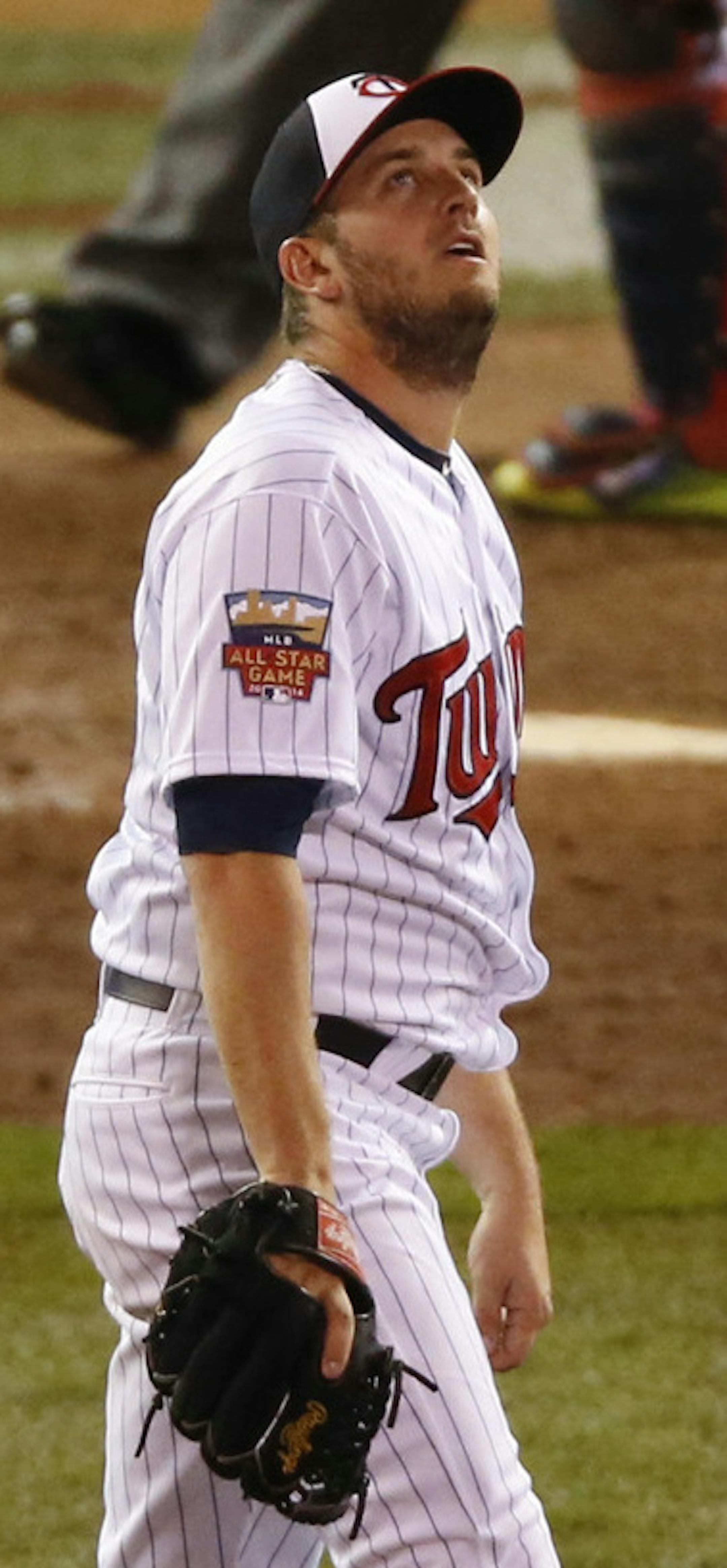 American League closer Glen Perkins of the Twins watched the ball hit by Miguel Montero of the Arizona Diamondbacks during the ninth inning of the All-Star Game Tuesday night. It was caught for the first out of the inning. ] JEFF WHEELER ‚Ä¢ jeff.wheeler@startribune.com The American League defeated the National League 5-3 in the 2014 MLB All-Star Game Tuesday night, July 14, 2014 at Target Field in Minneapolis.