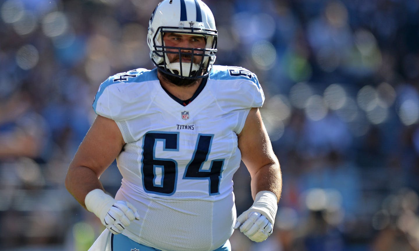 Nov 6, 2016; San Diego, CA, USA; Tennessee Titans offensive guard Josh Kline (64) jogs off the field during the first quarter against the San Diego Chargers at Qualcomm Stadium. Mandatory Credit: Jake Roth-USA TODAY Sports