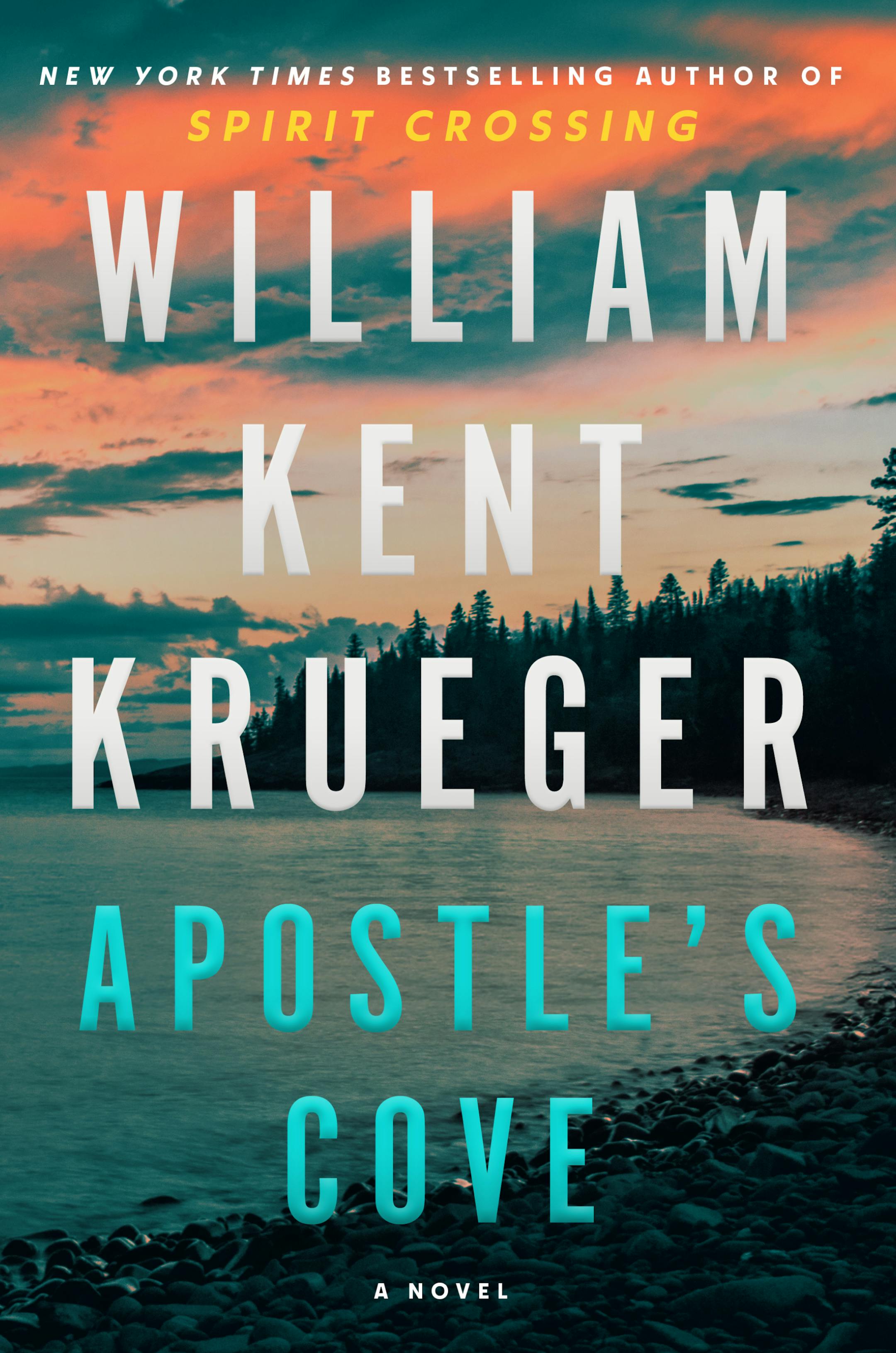 cover of Apostle's Cove features an image on a rocky beach, with trees and a sun setting in the distance