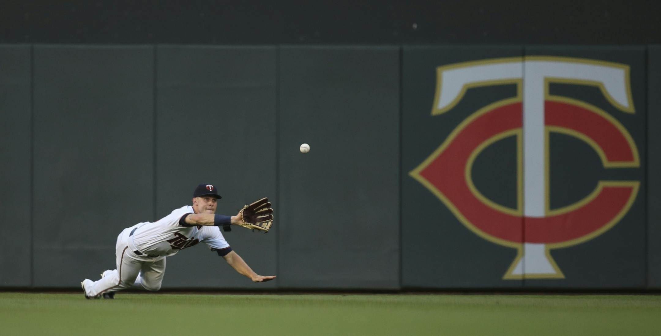 Minnesota Twins right fielder Max Kepler dove to catch a fly ball hit by the Orioles' Caleb Joseph in the third inning.