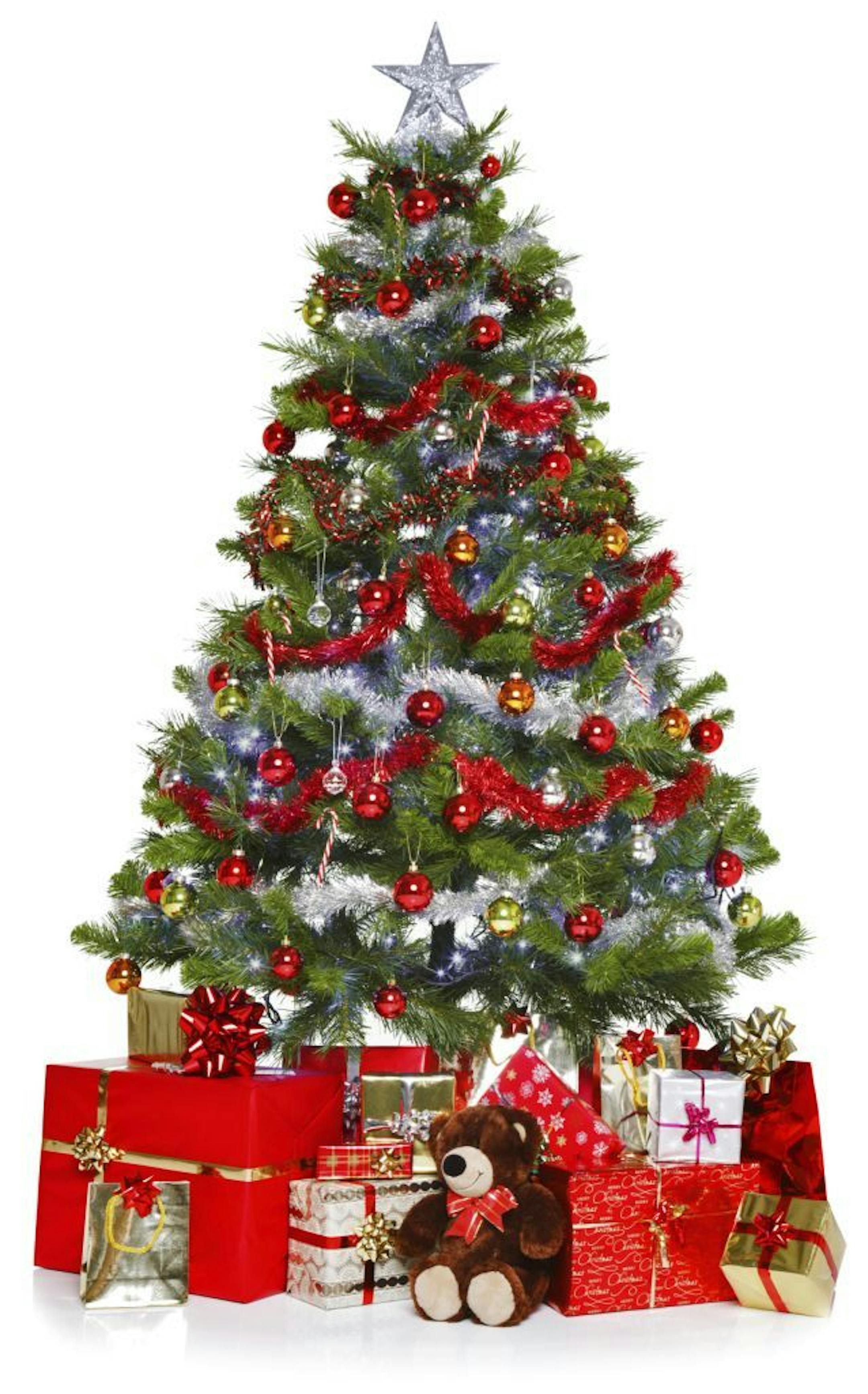 Photo of a Christmas tree with decorations and lights surrounded by presents, isolated on a white background.