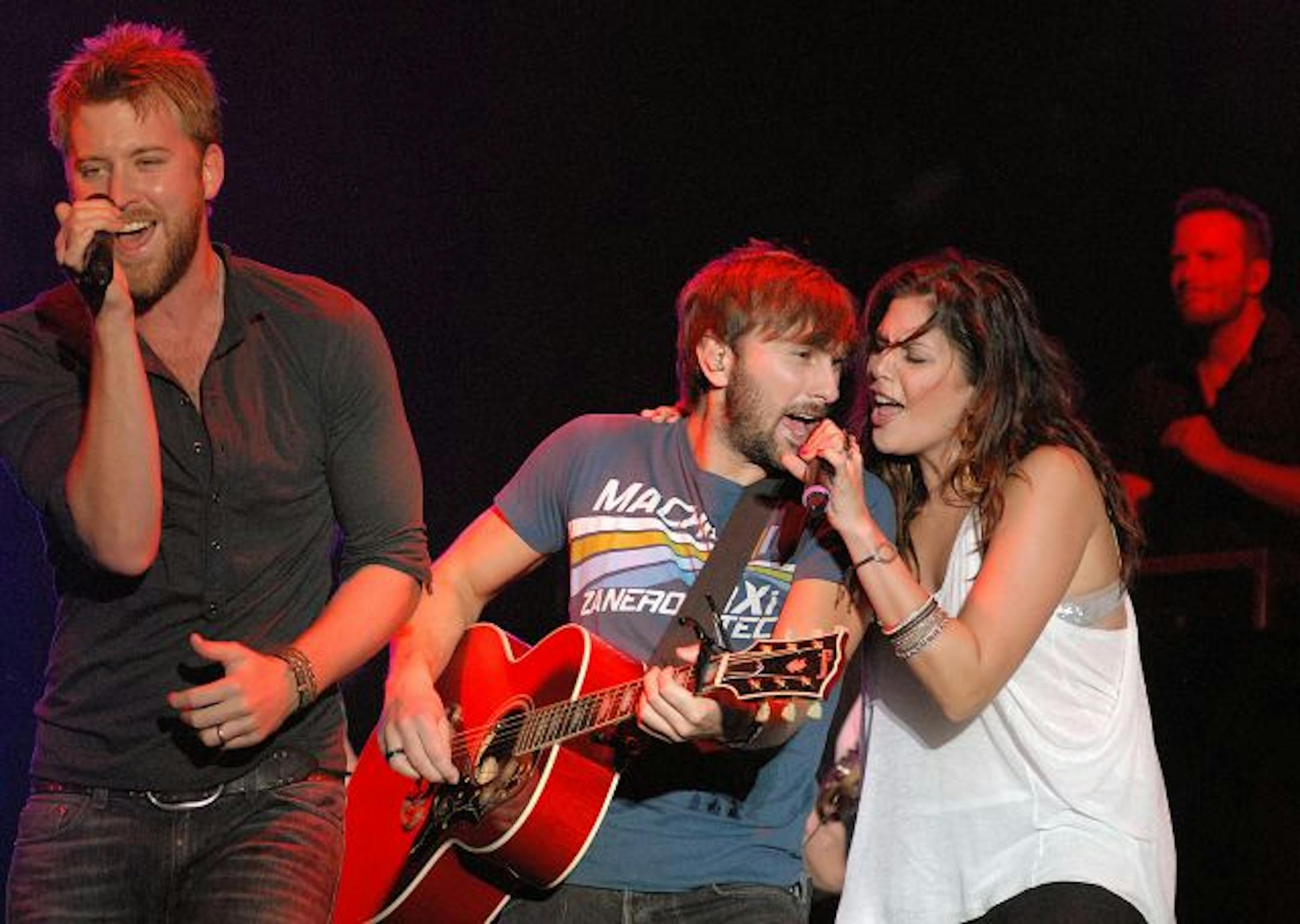 Charles Kelley, Dave Haywood and Hillary Scott of Lady Antebellum perform at the Darke County Fair Sunday, Aug. 22, 2010, in Greenville, Ohio.