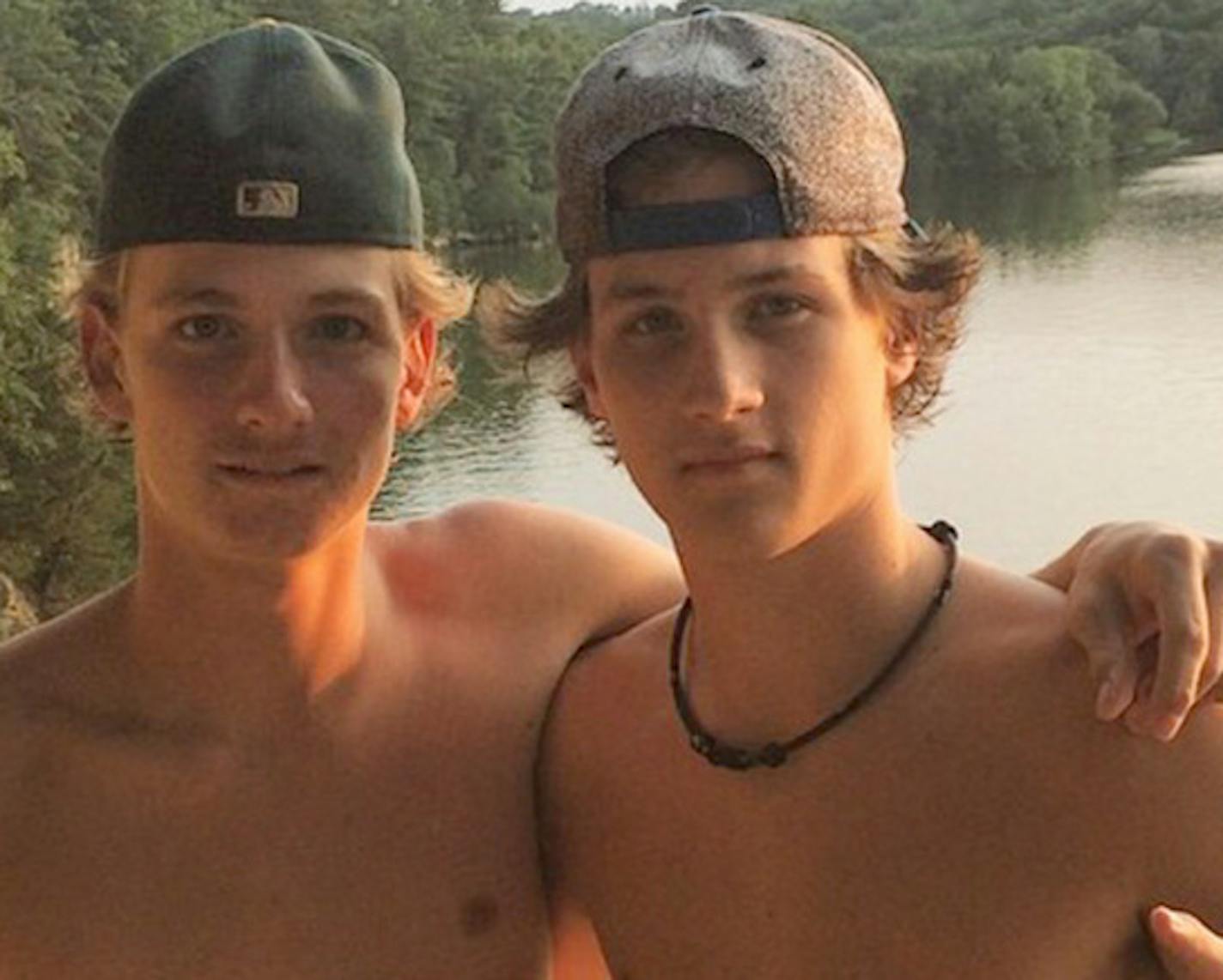 Ty Alyea, left, and Cole Borchardt posed near the cliffs Wednesday along the Cannon River. That night, Alyea was killed in an SUV crash on the way back to Burnsville and Borchardt was critically injured.