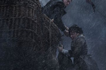 This image released by Amazon Studios shows Eddie Redmayne, left, and Felicity Jones in a scene from "The Aeronauts." (Amazon Studios via AP)