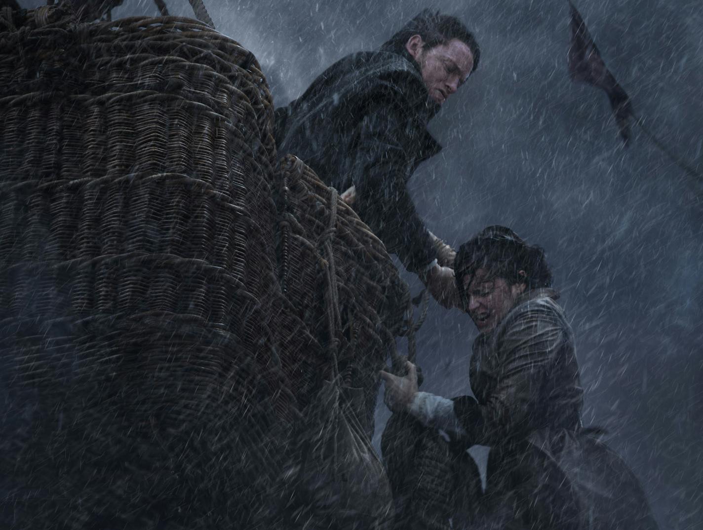 This image released by Amazon Studios shows Eddie Redmayne, left, and Felicity Jones in a scene from "The Aeronauts." (Amazon Studios via AP)