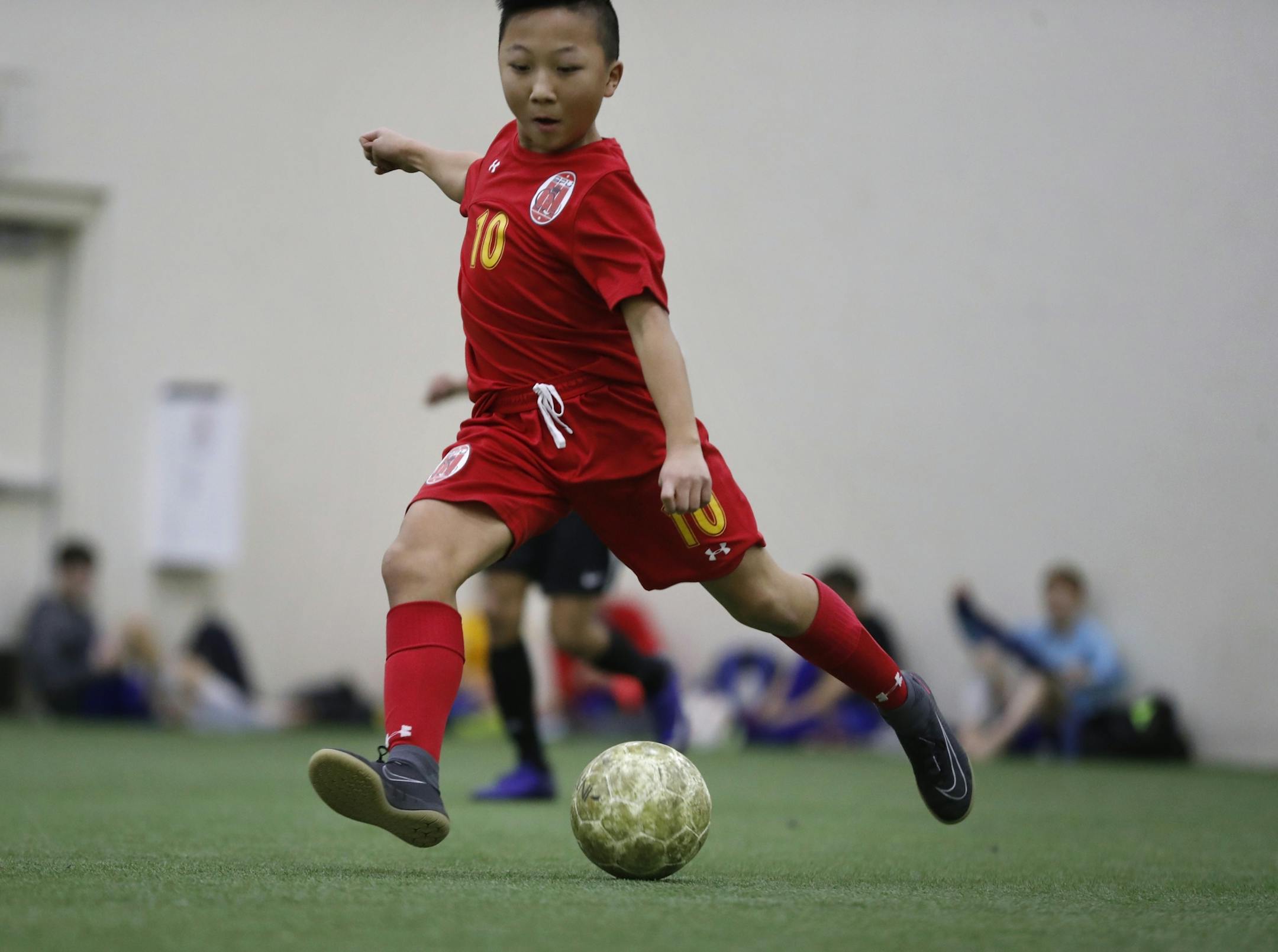 Muajnqis Ethan Xiong of the SPU Boys 13U/14U/ soccer scored a goal in the Four Score soccer tournament at the National Sports Center Sunday February 19, 2017 in Blaine, MN.
