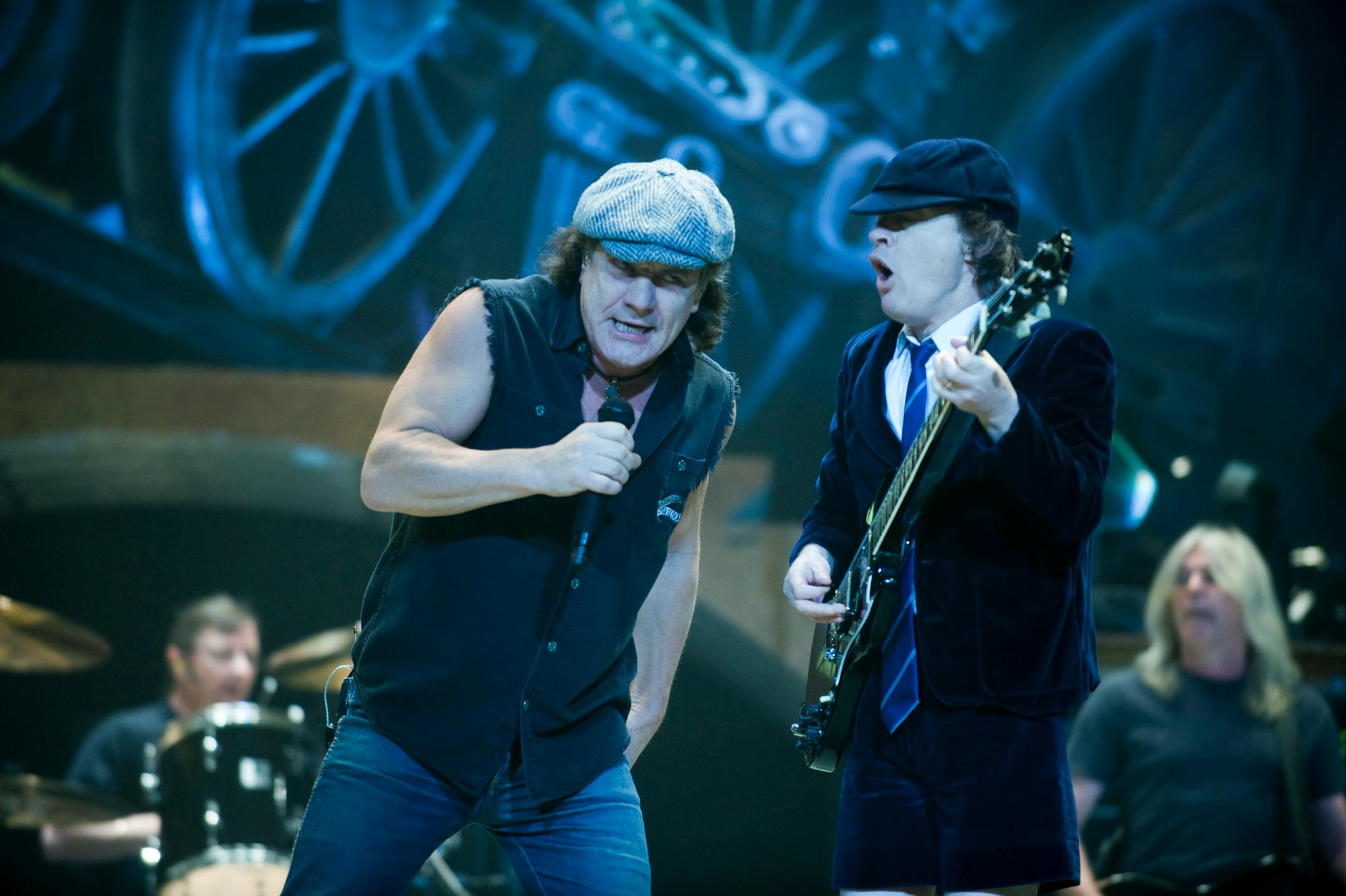 AC/DC in performance at the Xcel Energy Center in St.Paul. Seen on stage at the end of the ramp are Brian Johnson (singer) and Angus Young (lead Guitar).