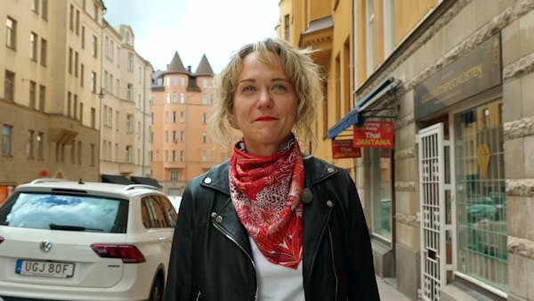 Sally Franson in Stockholm on her way to meet family members for the first time. 