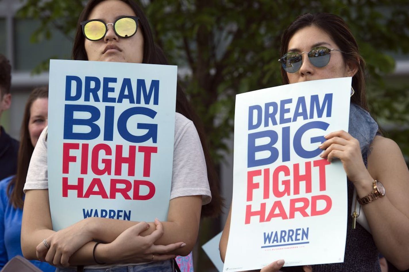 Activists at a rally for Democratic presidential candidate Sen. Elizabeth Warren, D-Mass., on May 16, 2019. Warren joins Sen. Bernie Sanders, Joe Biden and President Donald Trump on the list of oldest candidates in the 2020 presidential race.