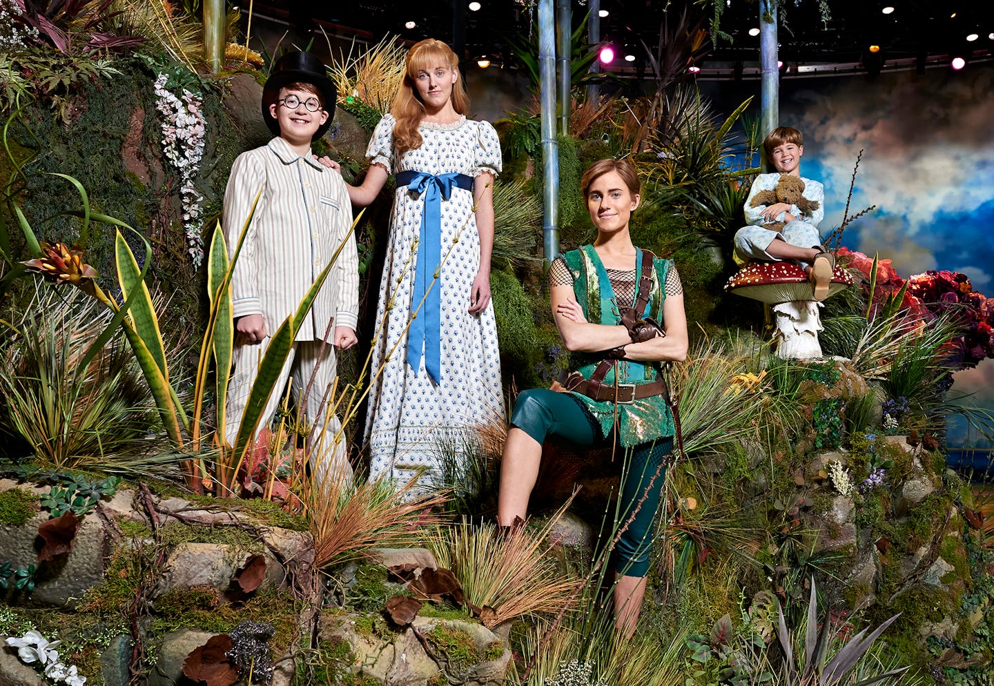 Jake Lucas as John Darling, Taylor Louderman as Wendy Darling, Allison Williams as Peter Pan and John Allyn as Michael Darling.