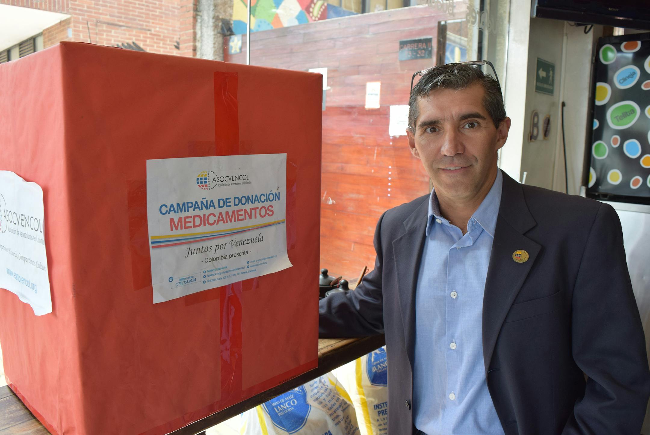 Rogelio Yerena in Bogota, Colombia, is helping collect medicine at his restaurant, Budare's, to send to Venezuela, on August 2, 2016. Private donations like this one have become critical to Venezuelans who can't find medicine amid the country's grinding economic crisis. (Jim Wyss/Miami Herald/TNS)