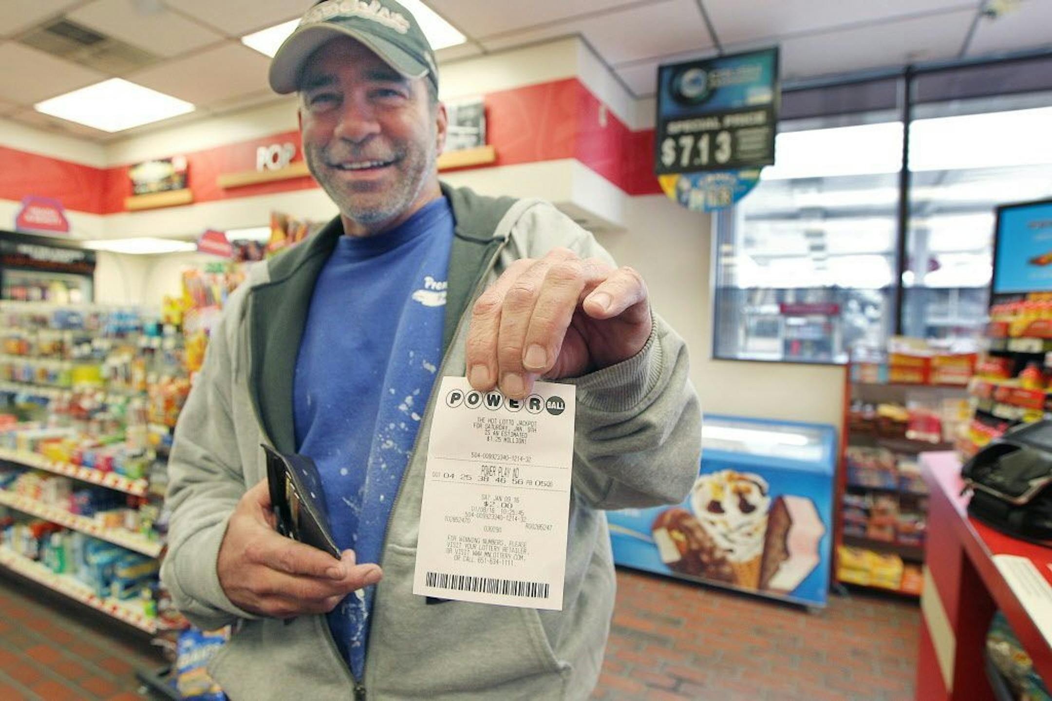 Paul Bridgeman, a painter, was all smiles after purchasing a Powerball ticket at a Northeast Minneapolis Super America store Friday, January 8, 2016 in Minneapolis, MN. The store recently sold a winning ticket for the Minnesota Millionaire.