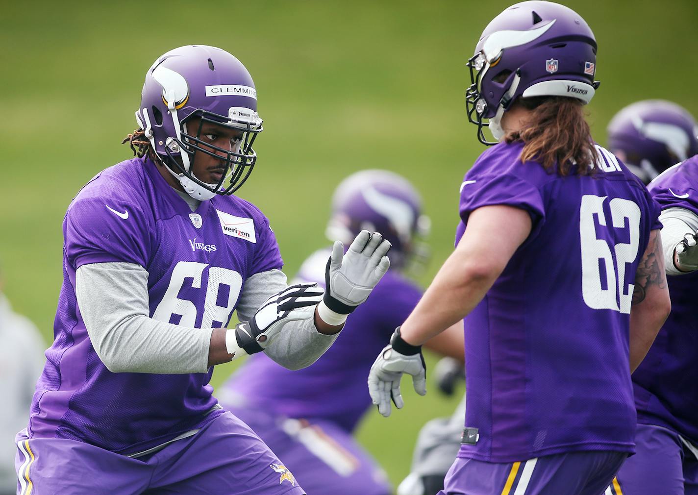 Rookie T.J. Clemmings practices during Vikings 2015 rookie minicamp at Winter Park in Eden Prairie on Friday, May 8, 2015. LEILA NAVIDI leila.navidi@startribune.com / ORG XMIT: MIN1505081723121487