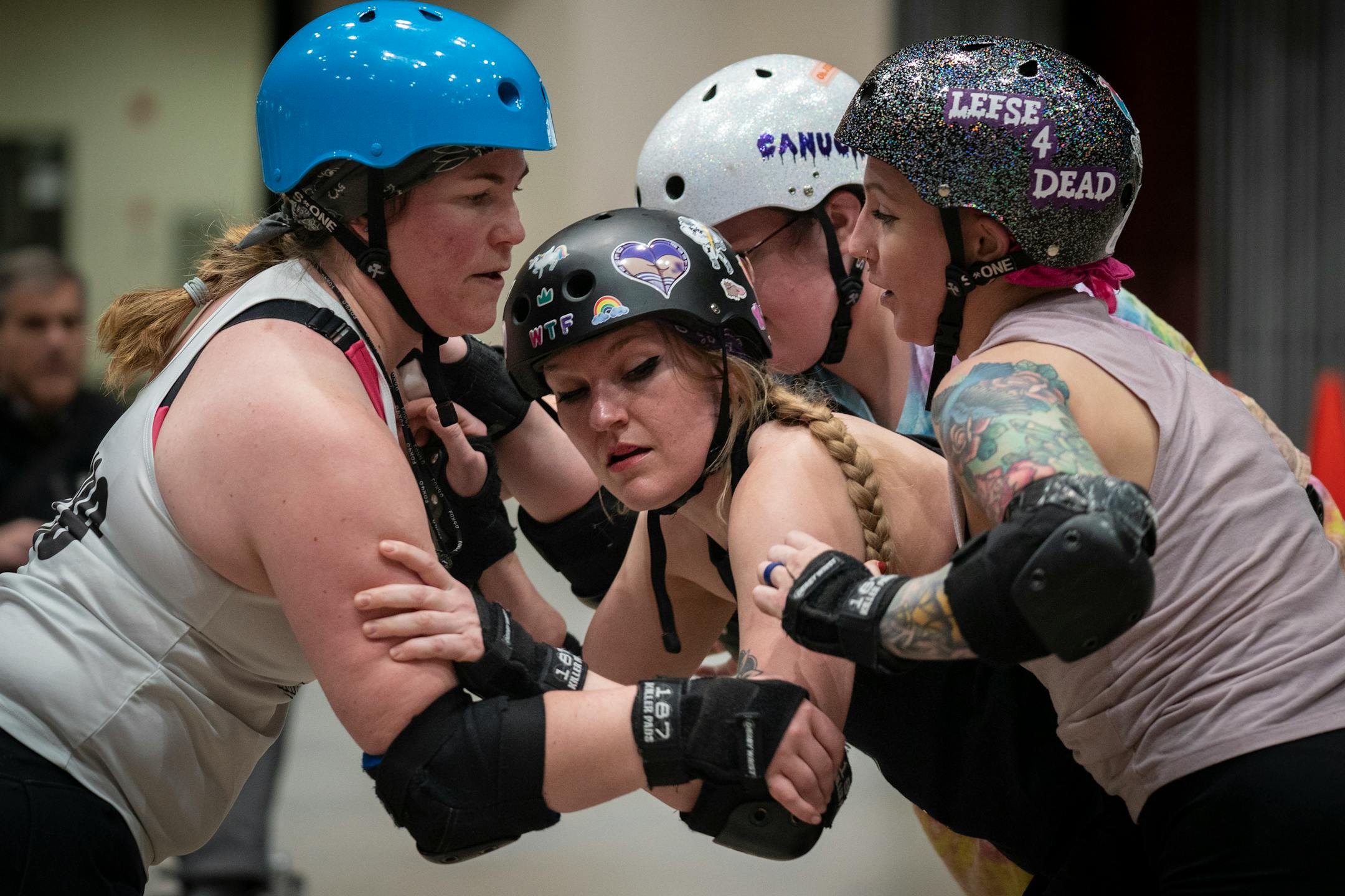 A group of skaters practice Jamming during roller derby practice in the Roy Wilkins Auditorium on Thursday, Nov. 9, 2023 in St. Paul, Minn. The four Minnesota Roller Derby teams will face each other Saturday, with Bodies of Water v.s. the Roller Vortex and the Maul Rats v.s. Wednesday Warnings ] Angelina Katsanis • angelina.katsanis@startribune.com