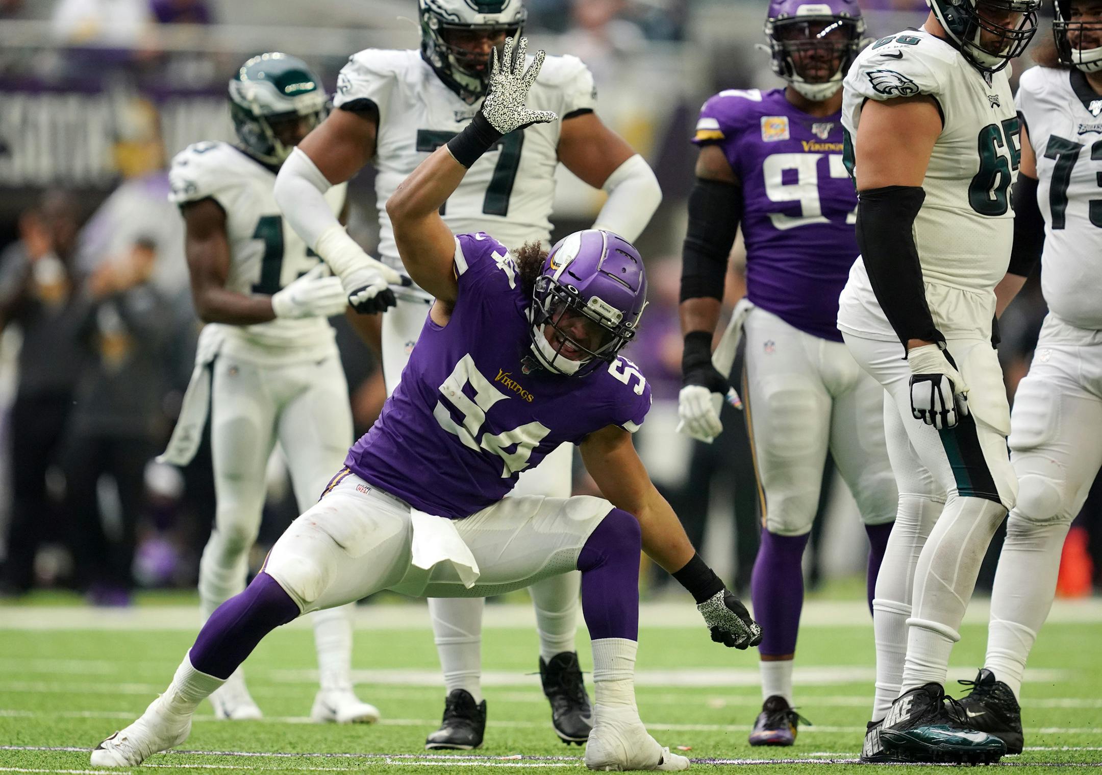 Minnesota Vikings middle linebacker Eric Kendricks (54) celebrated after he brought down Philadelphia Eagles running back Jordan Howard (24) in the third quarter. ] ANTHONY SOUFFLE • anthony.souffle@startribune.com The Minnesota Vikings played the Philadelphia Eagles in an NFL game Sunday, Oct. 13, 2019 at U.S. Bank Stadium in Minneapolis.