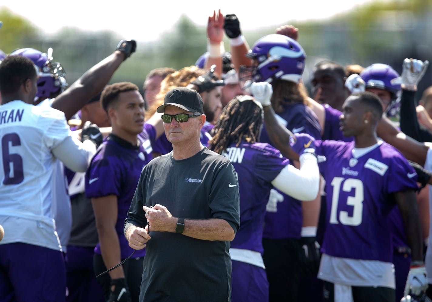 Mike Zimmer spoke with his team at the end of practice during the first day of training camp earlier this week.