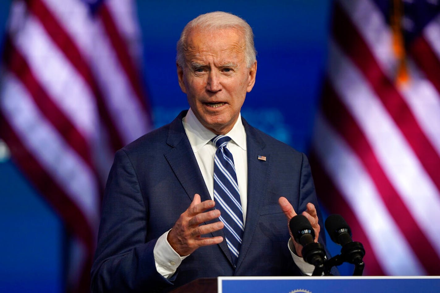 President-elect Joe Biden speaks Tuesday, Nov. 10, 2020, at The Queen theater in Wilmington, Del. (AP Photo/Carolyn Kaster)