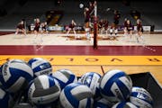 The Minnesota Gophers volleyball team scrimmages during practice Monday, Aug. 14, 2023 at the Maturi Pavilion in Minneapolis, Minn. ] AARON LAVINSKY �