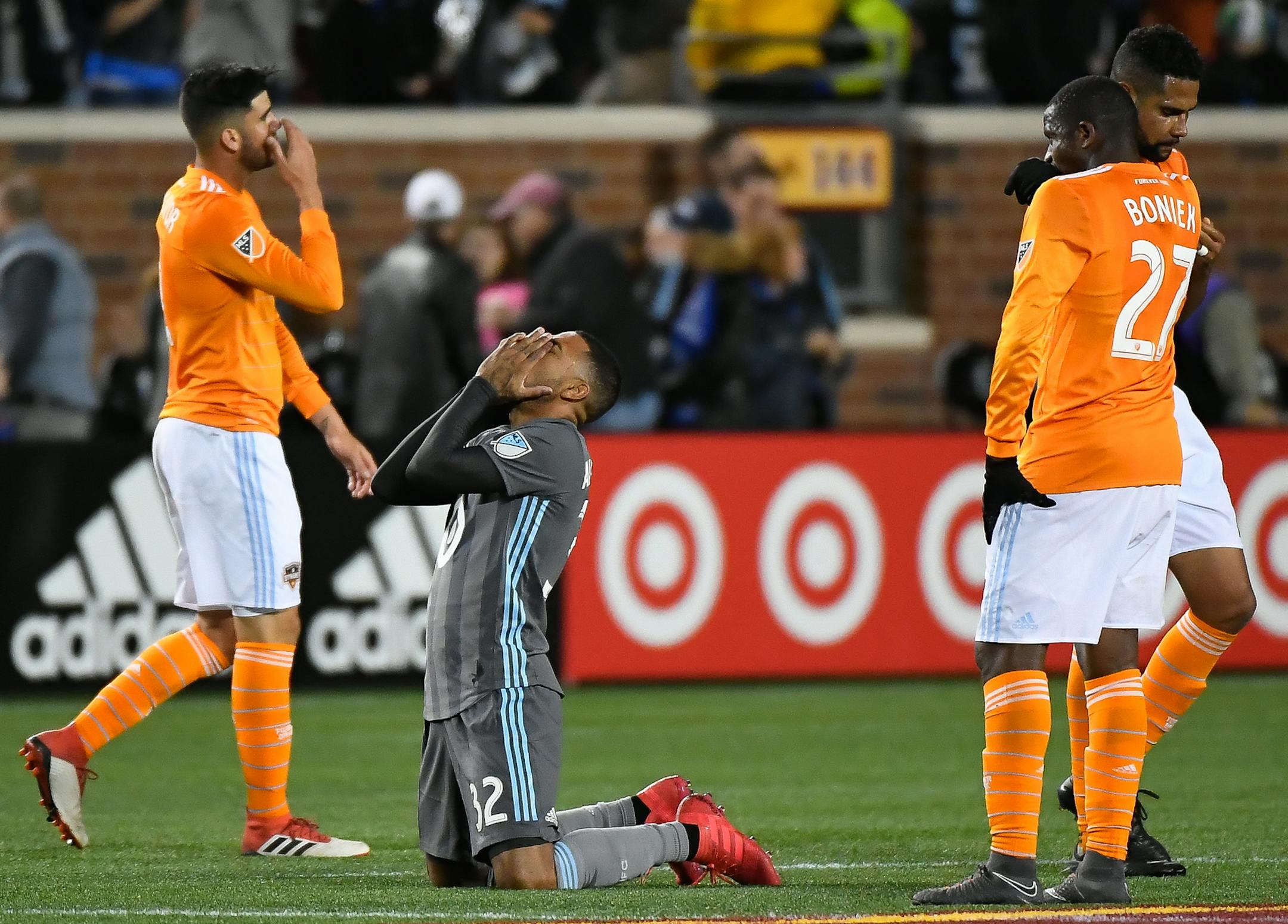 Minnesota United midfielder Alexi Gomez (32) reacted after his team's 2-1 victory over the Houston Dynamo. ] AARON LAVINSKY ï aaron.lavinsky@startribune.com Minnesota United played the Houston Dynamo on Saturday, April 28, 2018 at TCF Bank Stadium in Minneapolis, Minn.