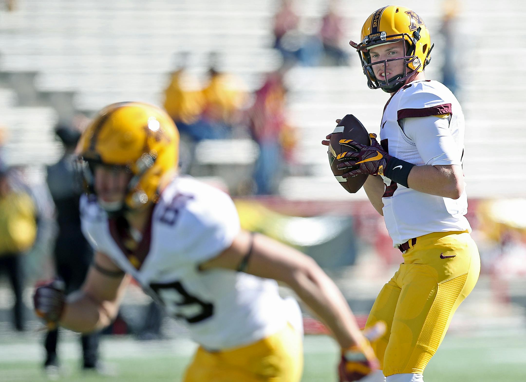 Minnesota quarterback Conor Rhoda warmed up on the field before Minnesota took on Maryland last week. The backup is expected to start again this week, with Mitch Leidner still recovering from a concussion.