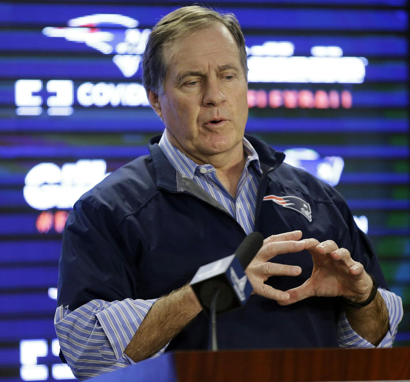 New England Patriots football head coach Bill Belichick speaks during an NFL football news conference at Gillette Stadium, Saturday, Jan. 24, 2015, in Foxborough, Mass., where he defended the way his team preps its game balls. (AP Photo/Steven Senne)