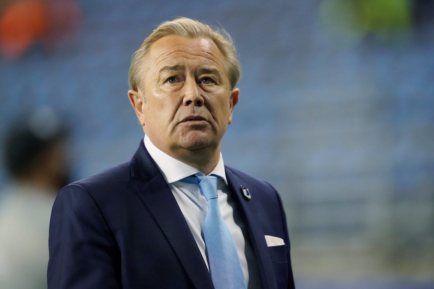 Minnesota United head coach Adrian Heath walks off the pitch after an MLS soccer match against the Seattle Sounders, Friday, April 16, 2021, in Seattle. The Sounders won 4-0. (AP Photo/Ted S. Warren)