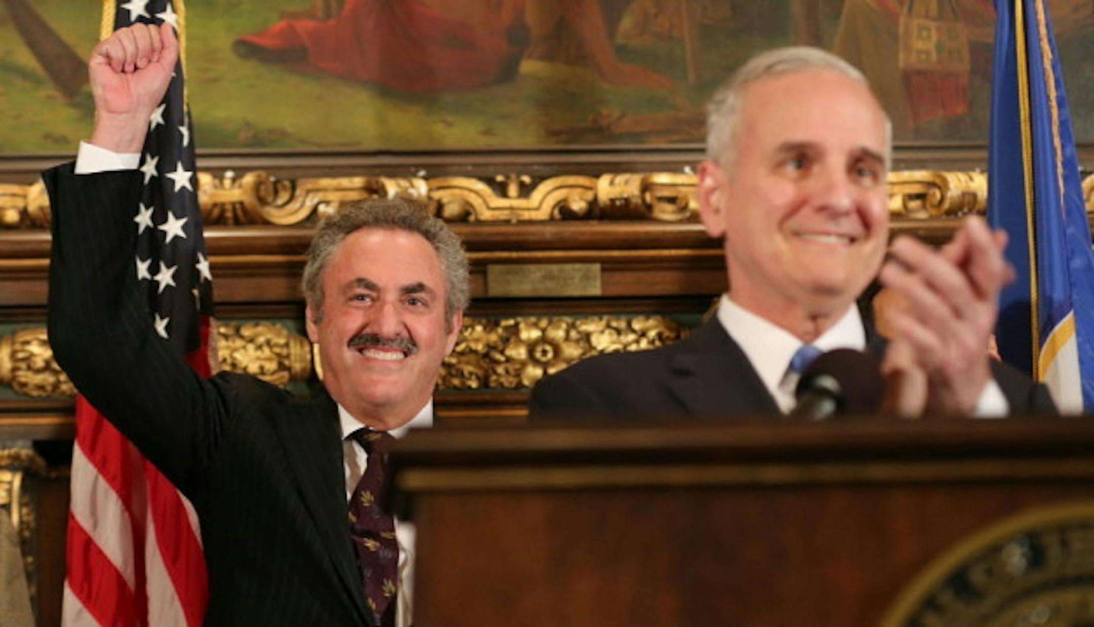 Gov. Mark Dayton with Vikings owner Zygi Wilf after the stadium financing passed in 2012/Star Tribune file photo