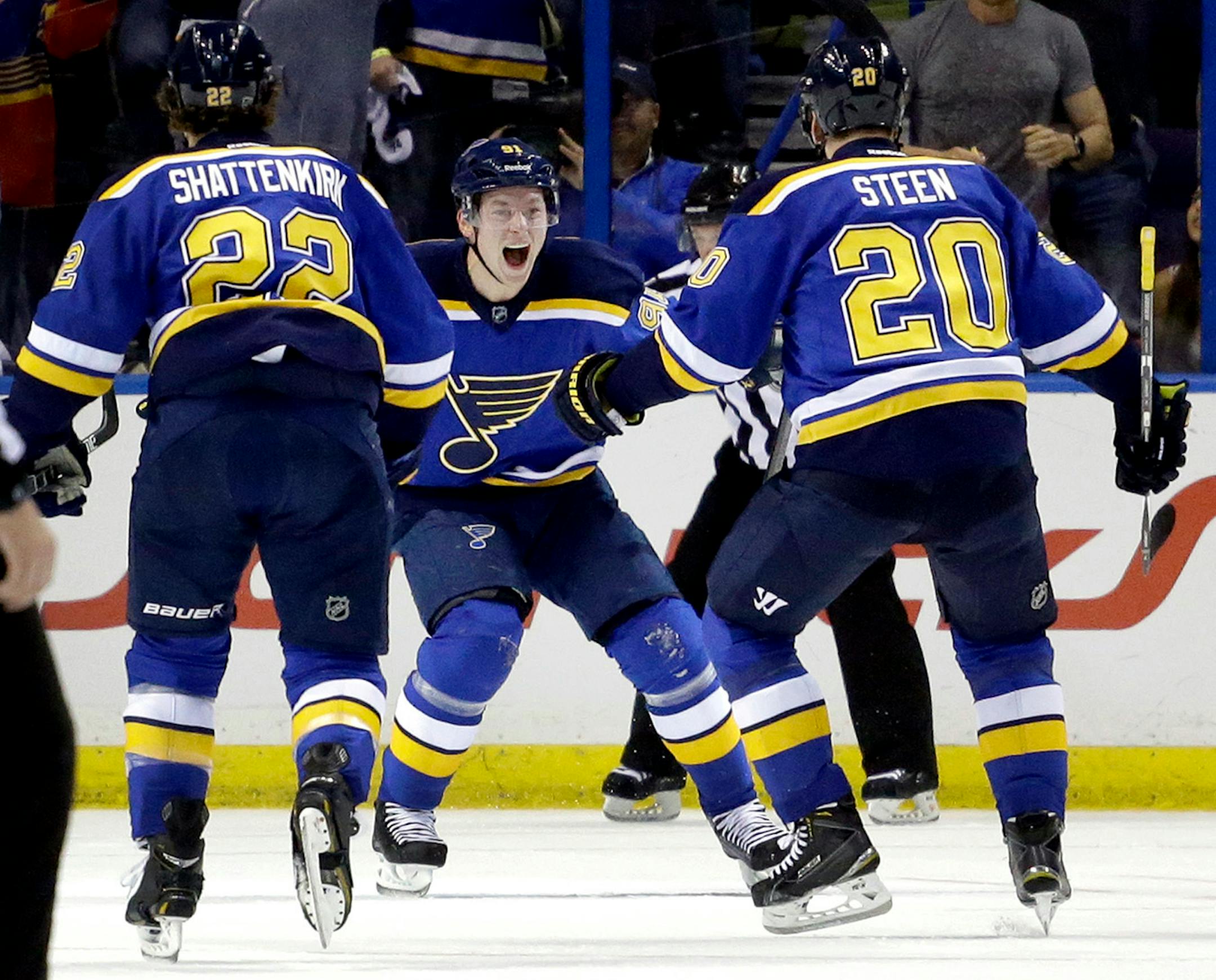 St. Louis Blues' Vladimir Tarasenko, of Russia, is congratulated by teammates Kevin Shattenkirk, left, and Alexander Steen, right, after scoring against the Minnesota Wild during the first period in the first round of the NHL hockey Stanley Cup playoffs, Saturday, April 18, 2015, in St. Louis. (AP Photo/Jeff Roberson)