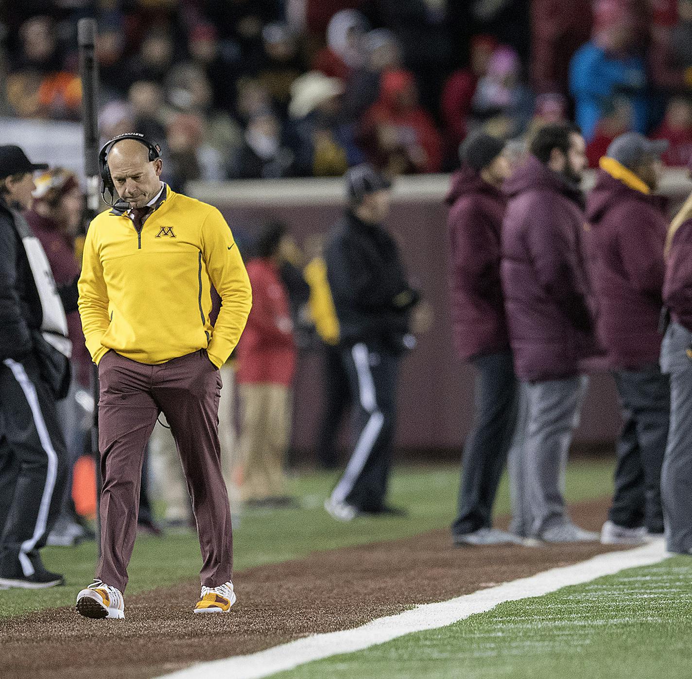 Minnesota's Head Coach P. J. walked down the sideline during the fourth quarter as Minnesota took on Wisconsin at TCF Bank Stadium, Saturday, November 20 2017 in Minneapolis, MN. ] ELIZABETH FLORES &#xef; liz.flores@startribune.com