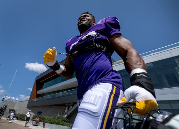 Minnesota Vikings defensive end Danielle Hunter (99) walked out for practice Monday, July 31, 2023, at TCO Performance Center in Eagan, Minn. ] CARLOS