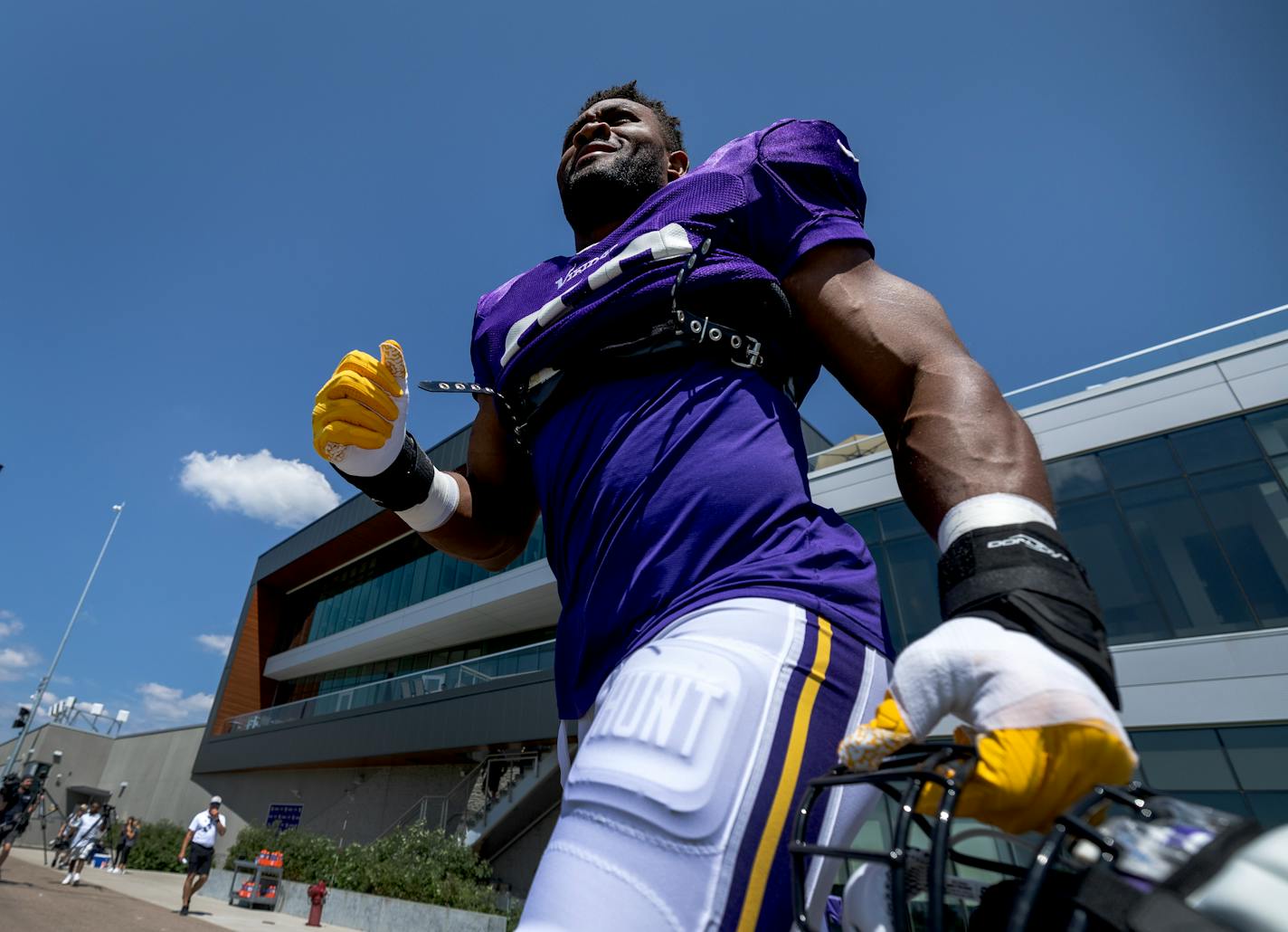 Minnesota Vikings defensive end Danielle Hunter (99) walked out for practice Monday, July 31, 2023, at TCO Performance Center in Eagan, Minn. ] CARLOS GONZALEZ • carlos.gonzalez@startribune.com