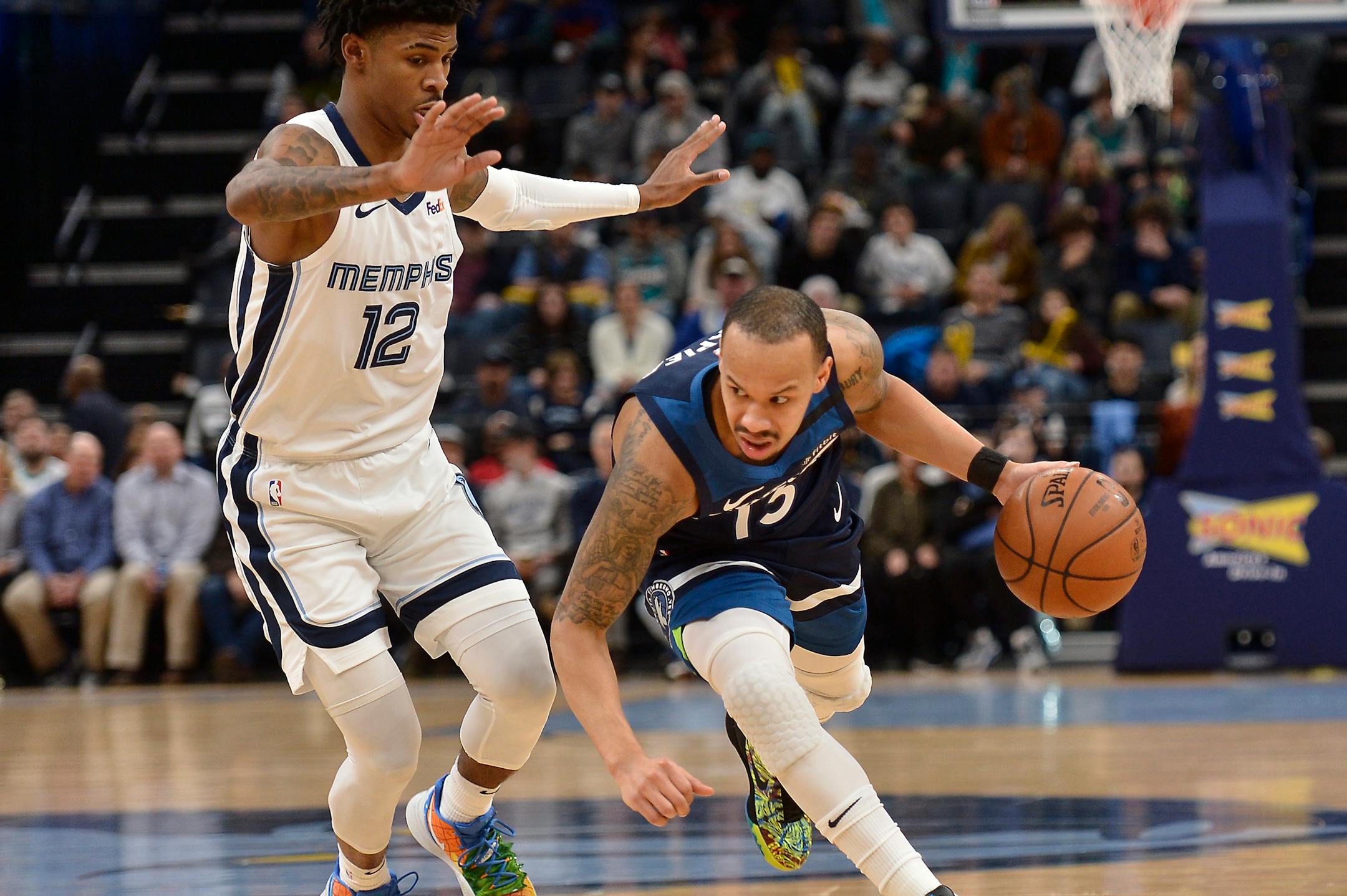 Timberwolves guard Shabazz Napier (13) entered Tuesday's game against the Grizzlies having scored 20 or more points in four consecutive games, but only had six in Memphis.