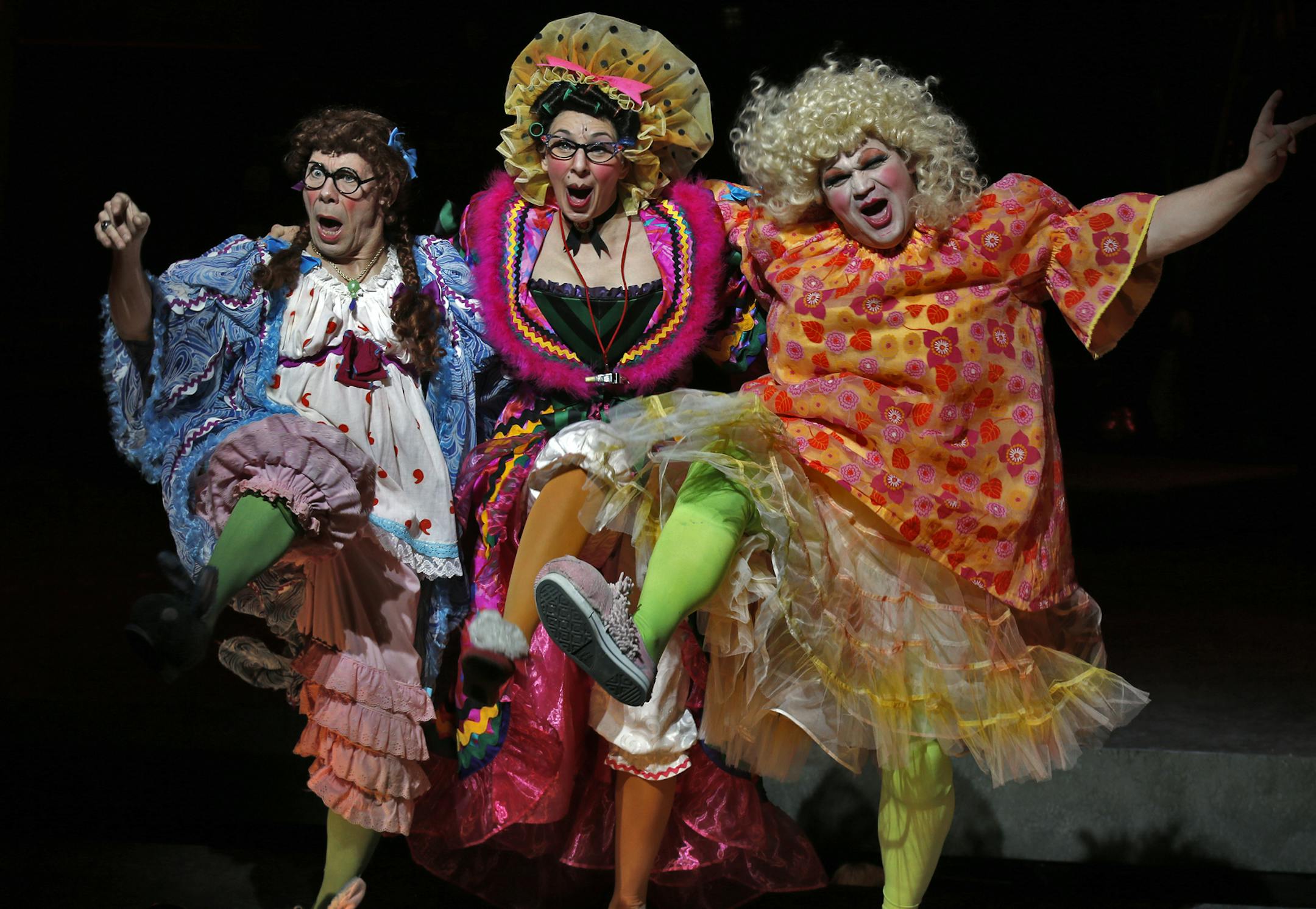 From left, Pearl (Dean Holt), Stepmother (Autumn Ness) and Dorcas (Reed Sigmund) in Children's Theatre Company's "Cinderella."