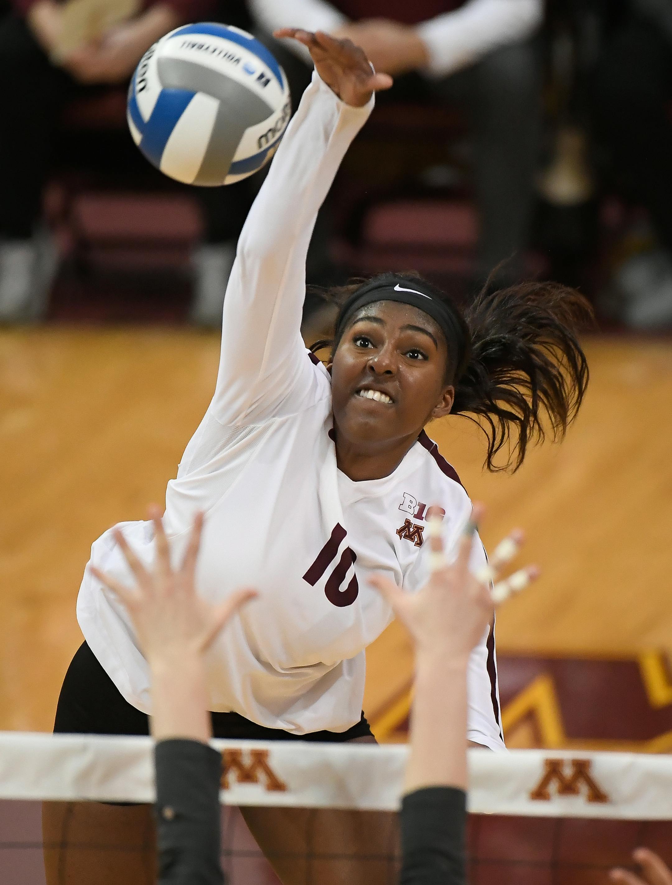 Minnesota right side hitter Stephanie Samedy (10) spiked the ball for a point in the second set Saturday against University of Northern Iowa. ] AARON LAVINSKY ï aaron.lavinsky@startribune.com The University of Minnesota Golden Gophers volleyball team played University of Northern Iowa in a NCAA tournament game on Saturday, Dec. 2, 2017 at Maturi Pavilion in Minneapolis, Minn.