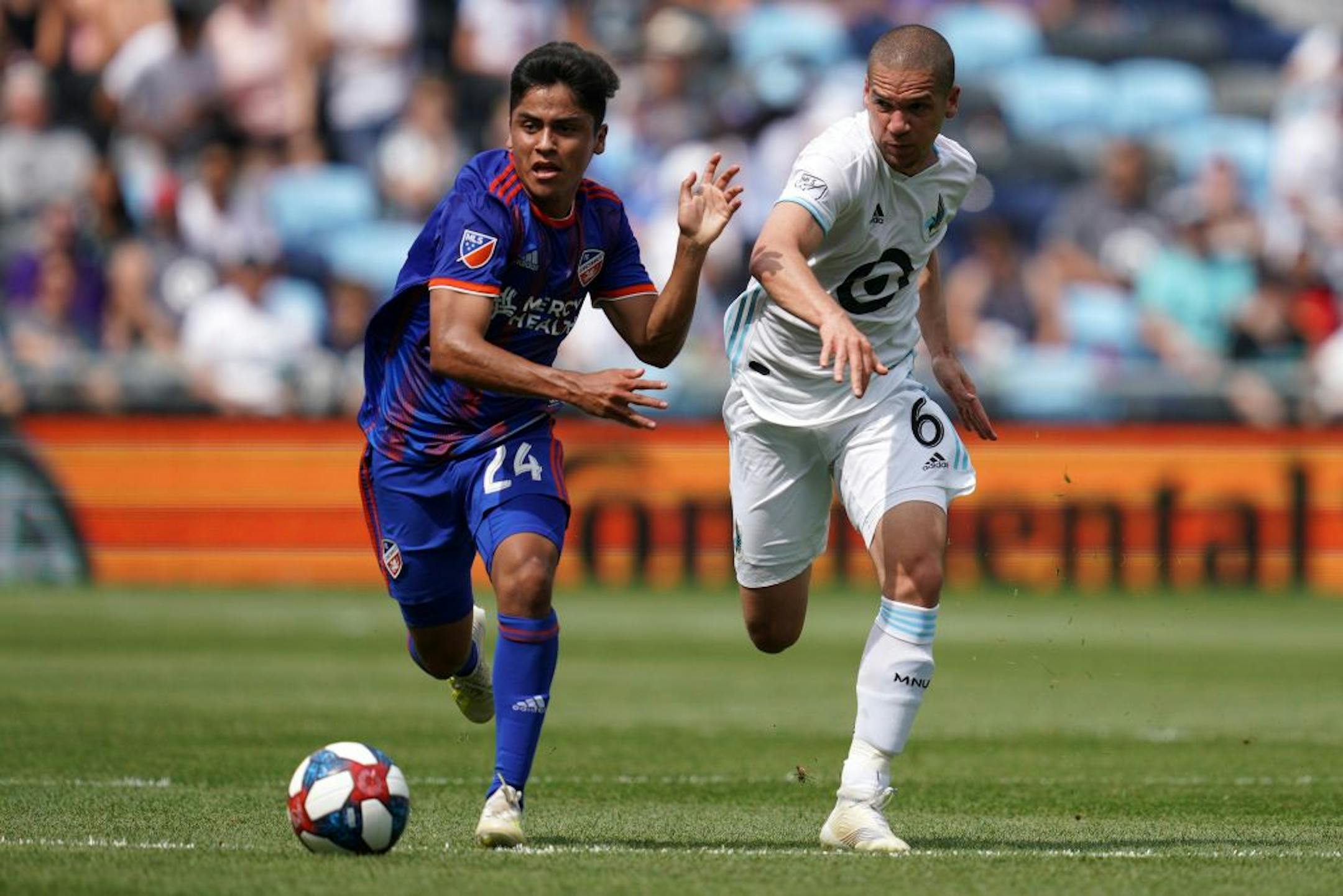 Minnesota United midfielder Osvaldo Alonso (6) raced to defend as FC Cincinnati midfielder Frankie Amaya (24) took the ball toward the Minnesota United goal in the first half.