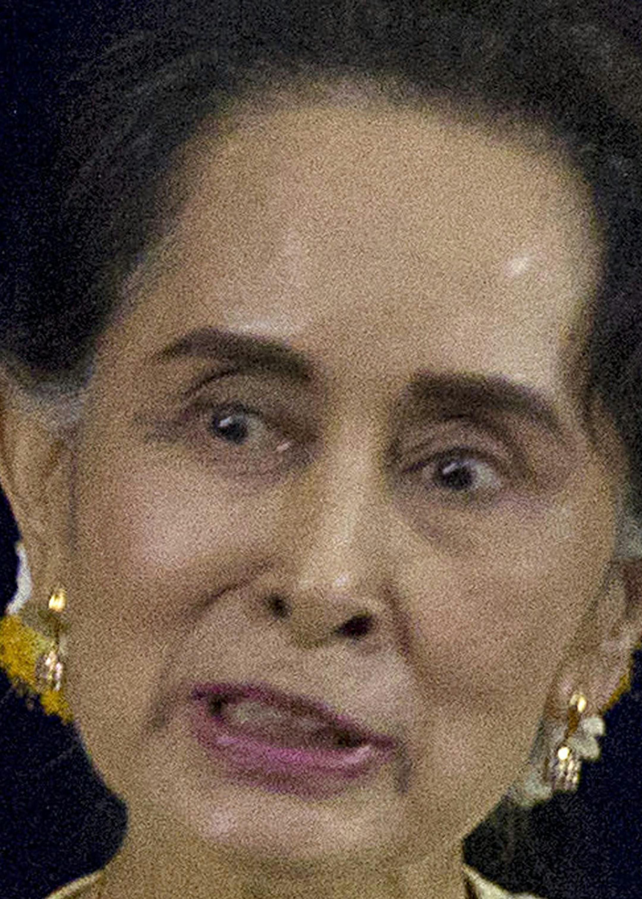 Myanmar leader Aung San Suu Kyi speaks during literacy talks with university students at the convocation hall of Yangon university Tuesday, Aug. 28, 2018, in Yangon, Myanmar. (AP Photo/Thein Zaw) ORG XMIT: XTZ104